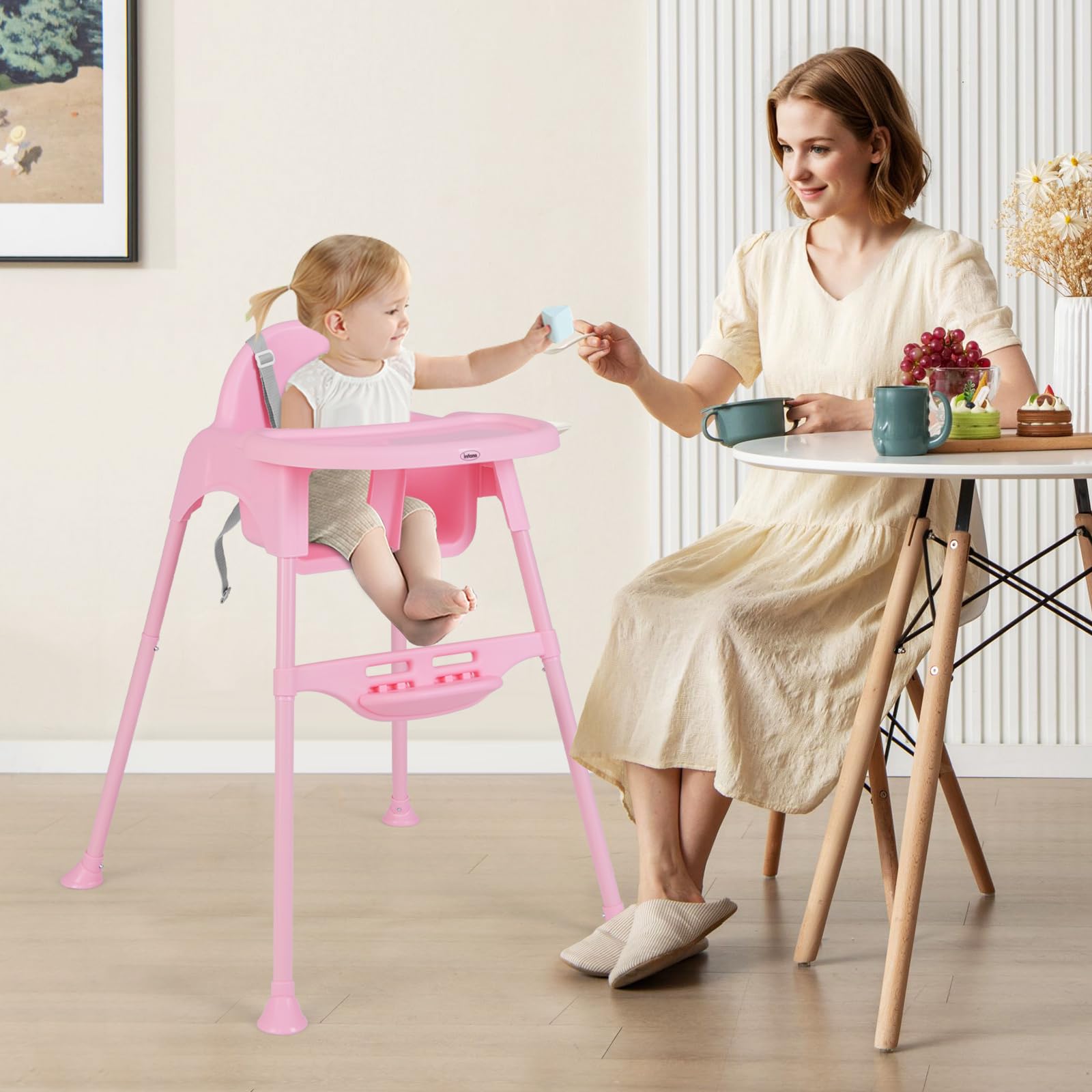 INFANS 4 in 1 Baby High Chair, Convertible Highchair for Babies and Toddlers, Infant Feeding Highchairs with Removable Tray Adjustable Footrest