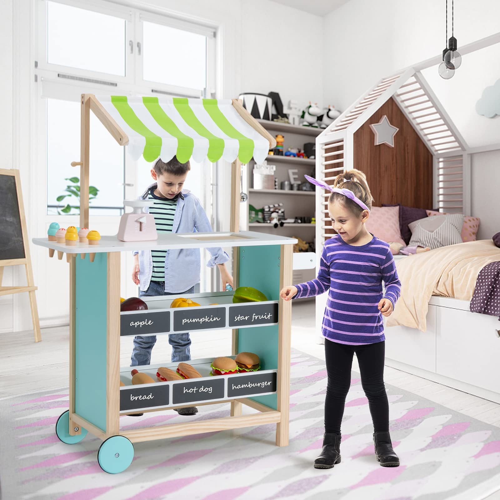 INFANS Wooden Grocery Store Marketplace Toy, Supermarket Pretend Play, Fun Indoor Farmer's Market Stand Set