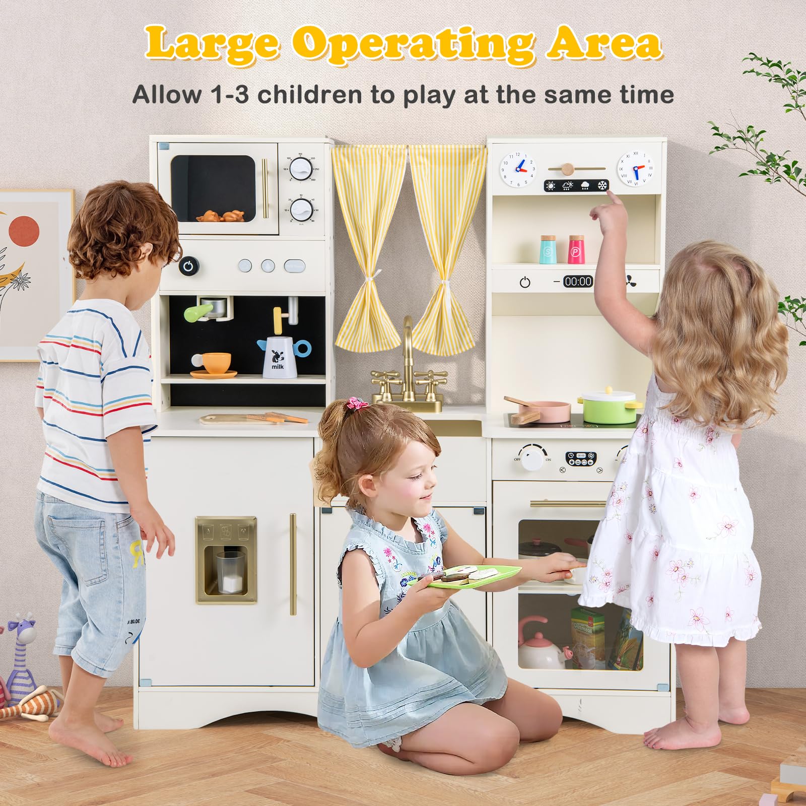 INFANS Kids Kitchen Playset Cooking Toy Kitchen Set with Coffee Machine Stove Removable Sink Microwave Storage Cabinet