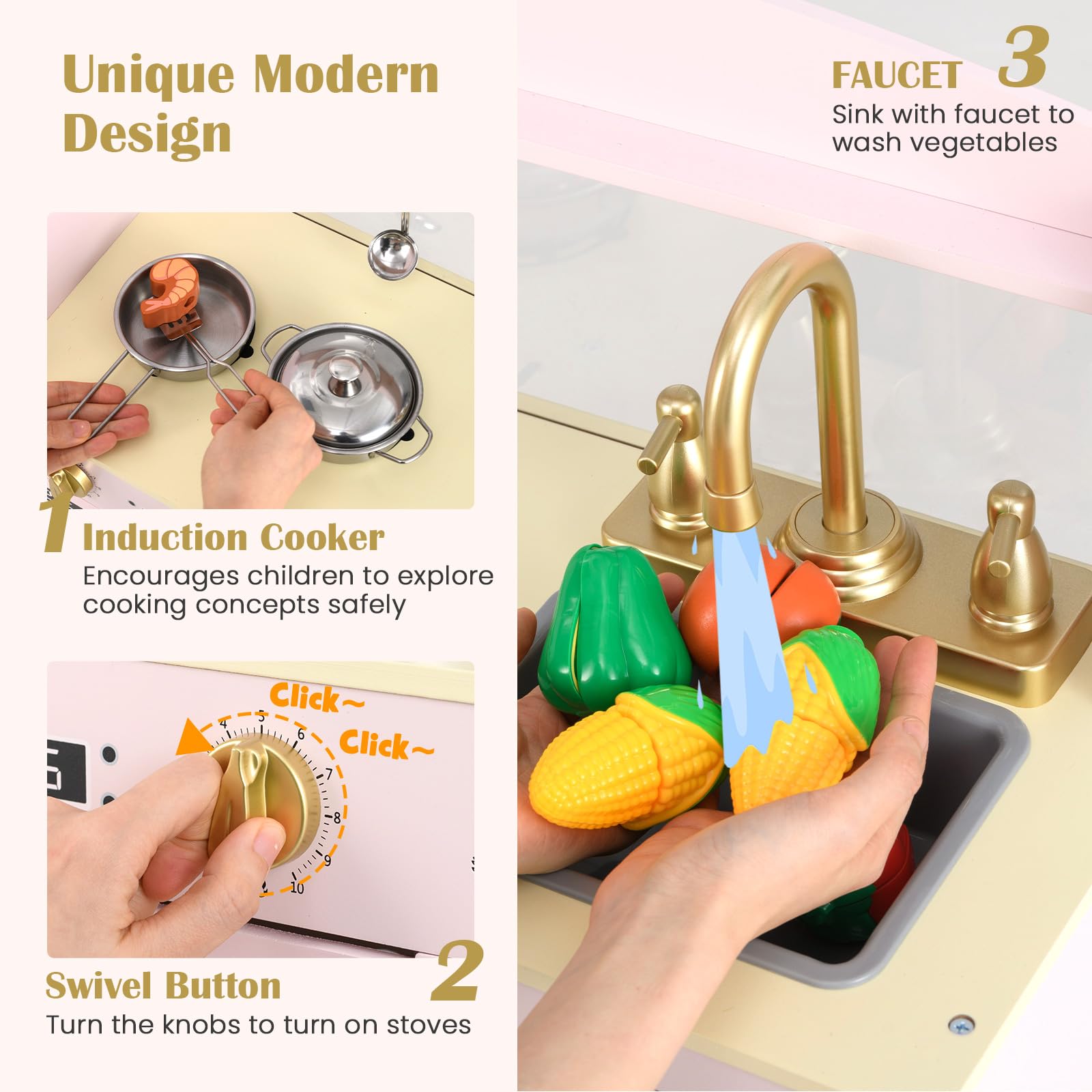 INFANS Kids Kitchen Playset, Toddler Wooden Pretend Cooking Toy Set with Acrylic Drawing Board Ice Machine Dishwasher