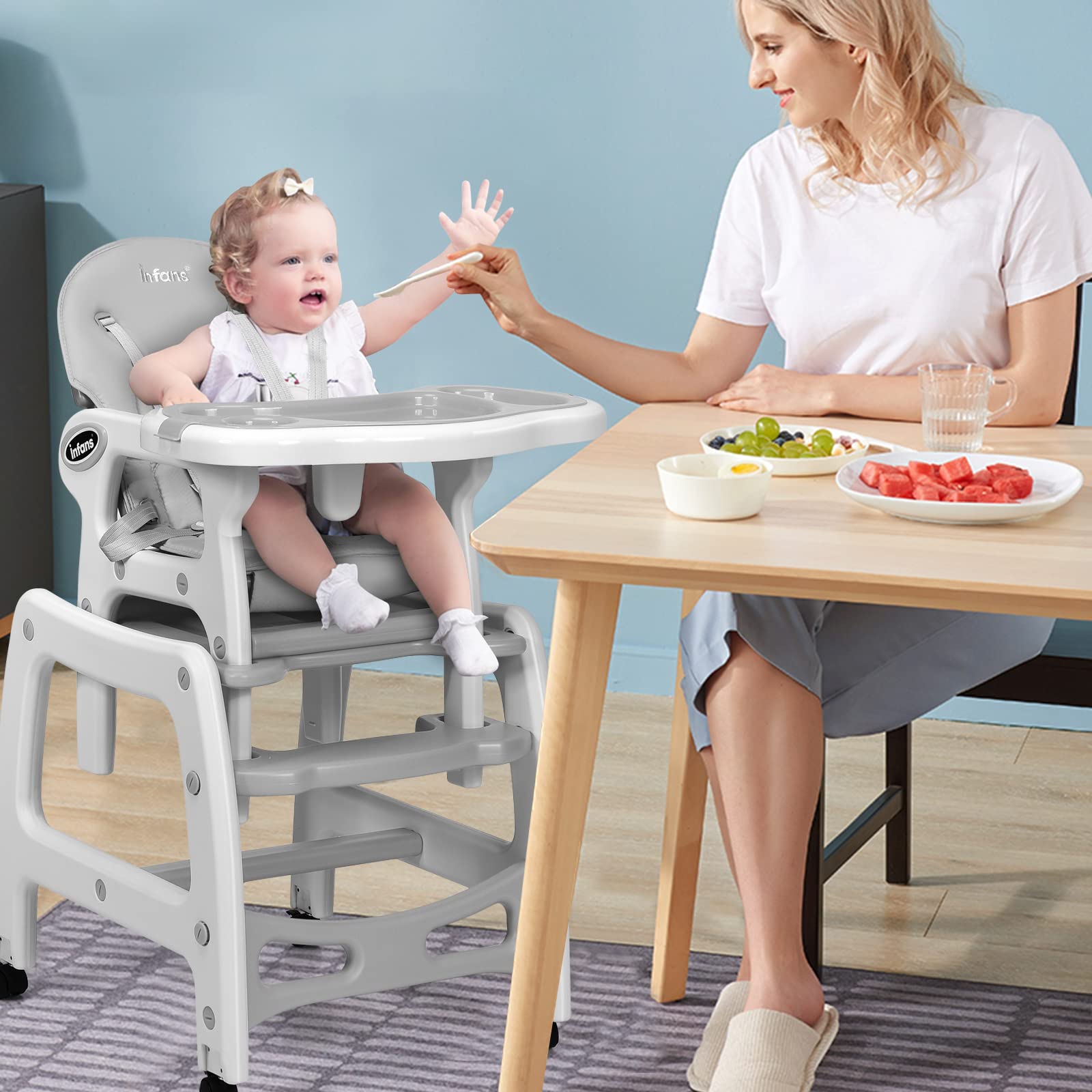 INFANS 5 in 1 Baby High Chair, Convertible Toddler Table Chair Set, Rocking Chair, Multi-Function Seat with Lockable Universal Wheels