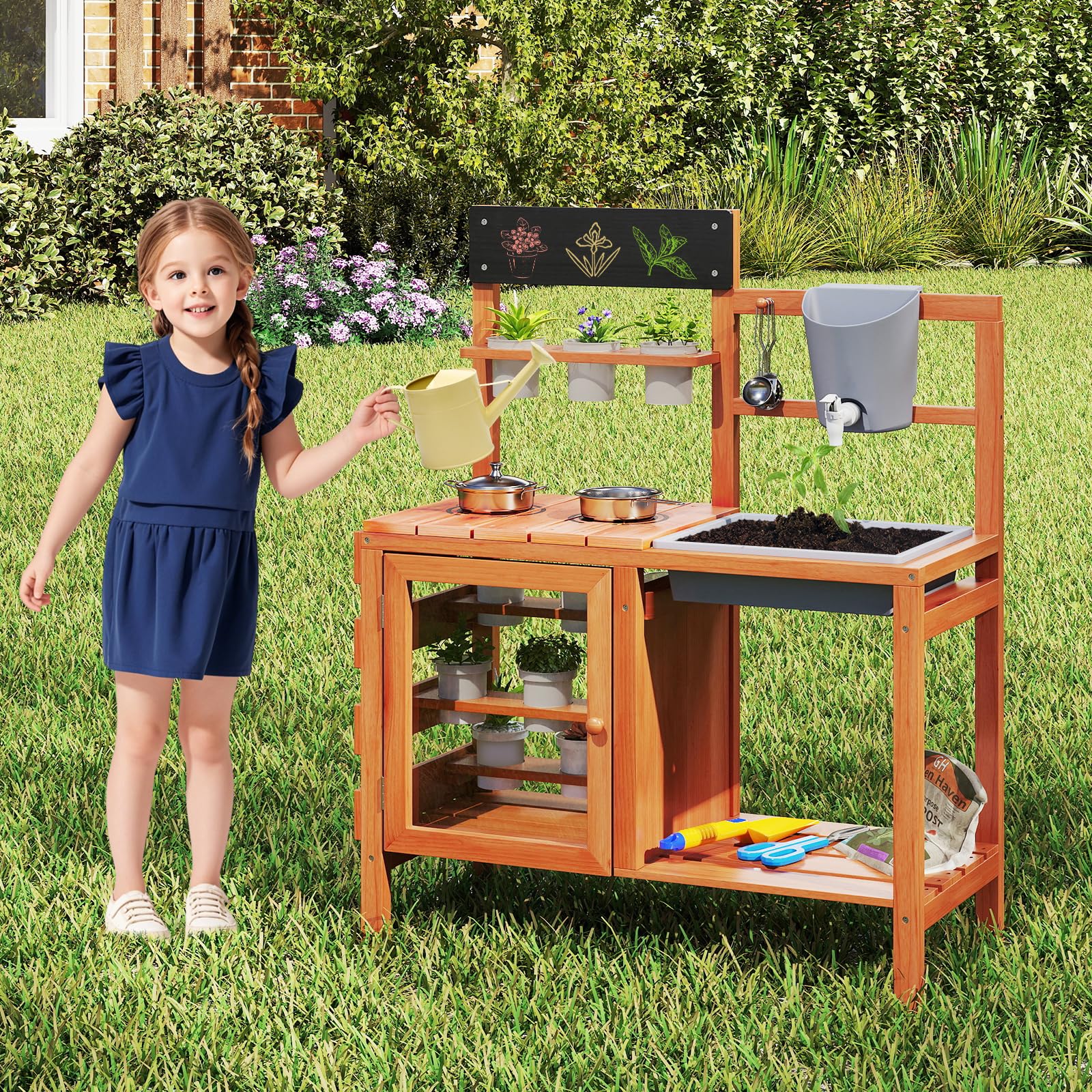 INFANS Mud Kitchen for Kids Outdoor, Wooden Toddler Play Kitchen with Cooking Accessories, Toy Playset for Backyard Garden