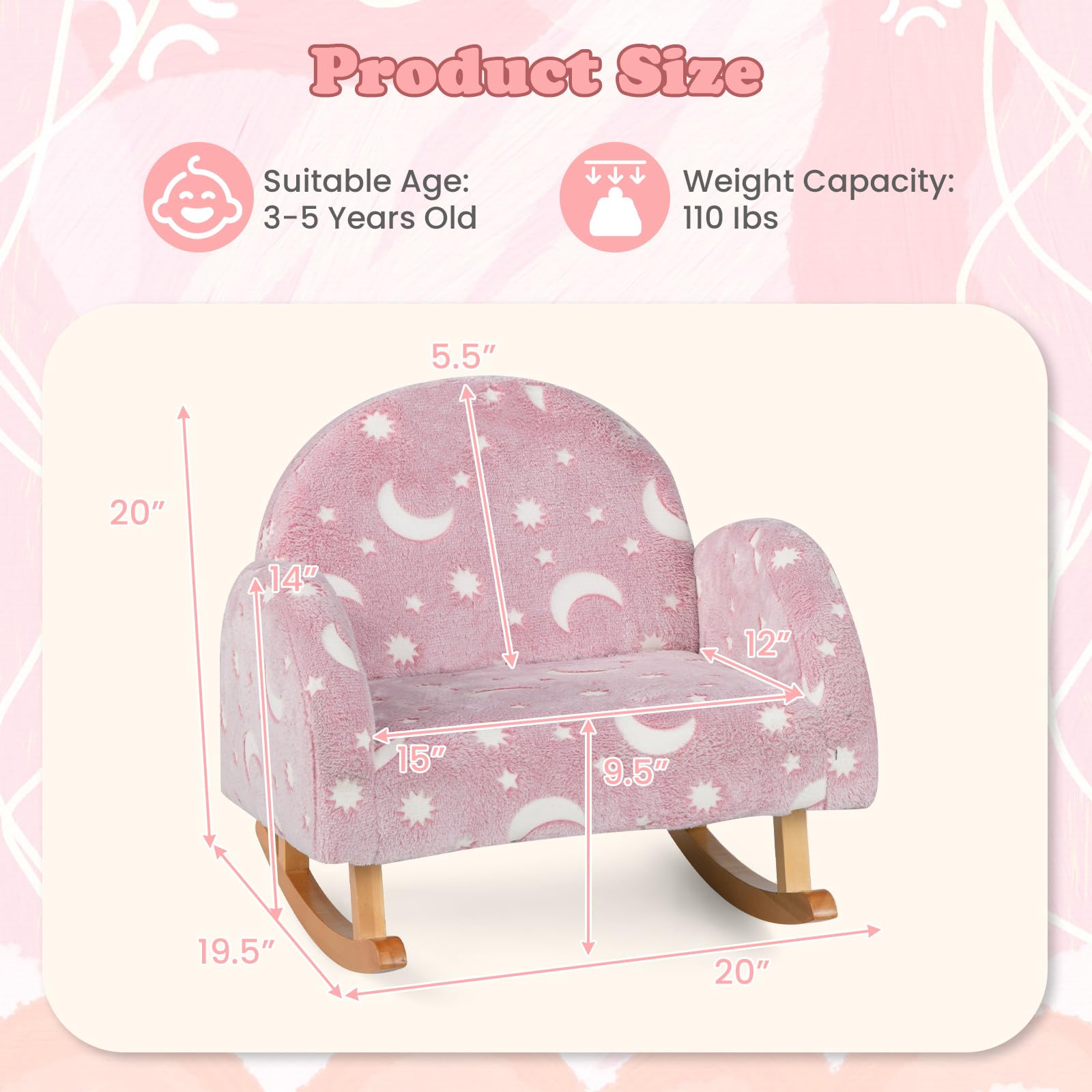 INFANS Kids Sofa with Glow in The Dark, Toddler Rocking Chair, Upholstered Comfy Foam Children Chair for Kindergarten Playroom
