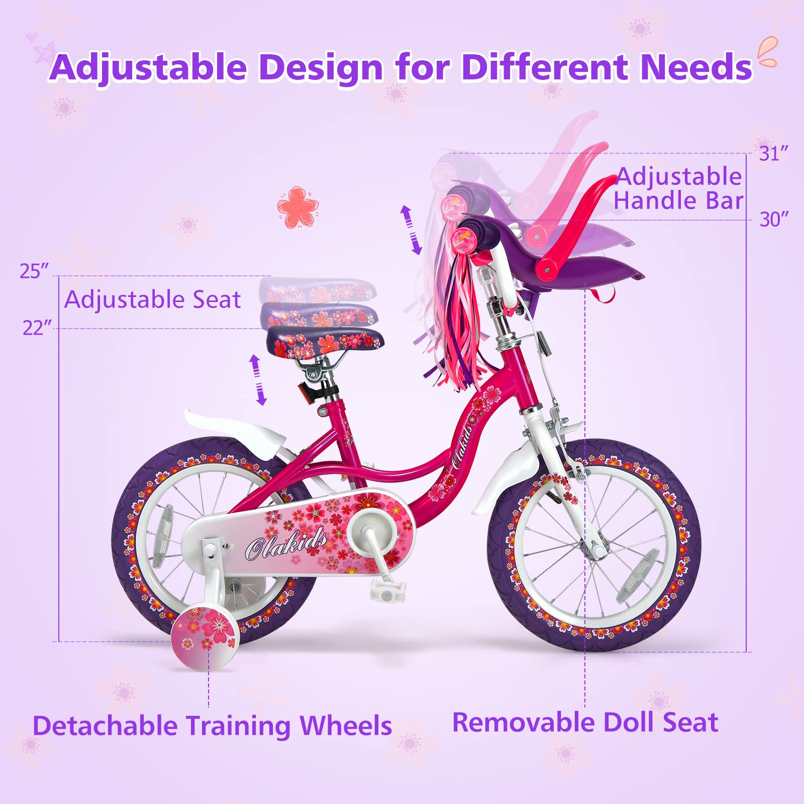 INFANS Kids Bike for Girls, 14 16 Inch Children's Bicycle with Removable Training Wheels and Doll Seat
