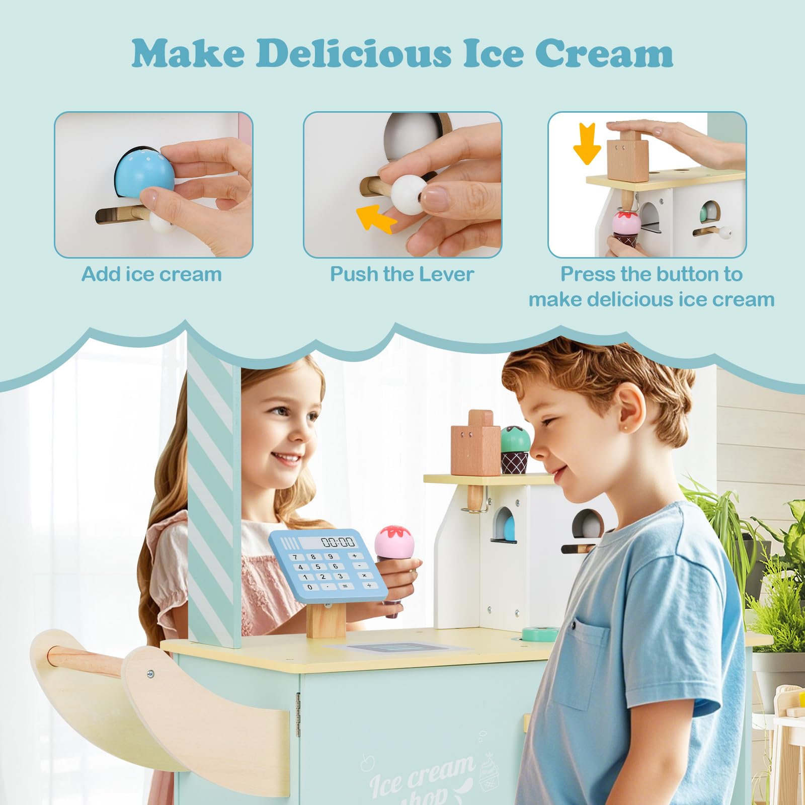 INFANS Ice Cream Cart Grocery Store Marketplace Toy, Market Stand Shop Pretend Play Set with Accessories Gift for Ages 3+