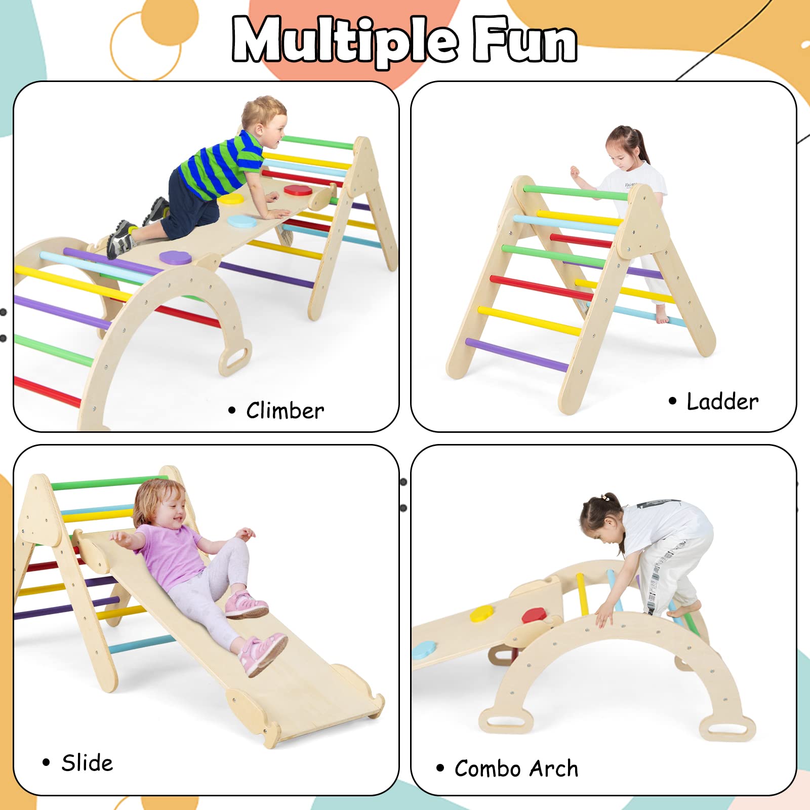 INFANS Climbing Toys for Toddlers, 5 in 1 Kids Wooden Montessori Triangle Set Climber Toy, Indoor Climb Activity