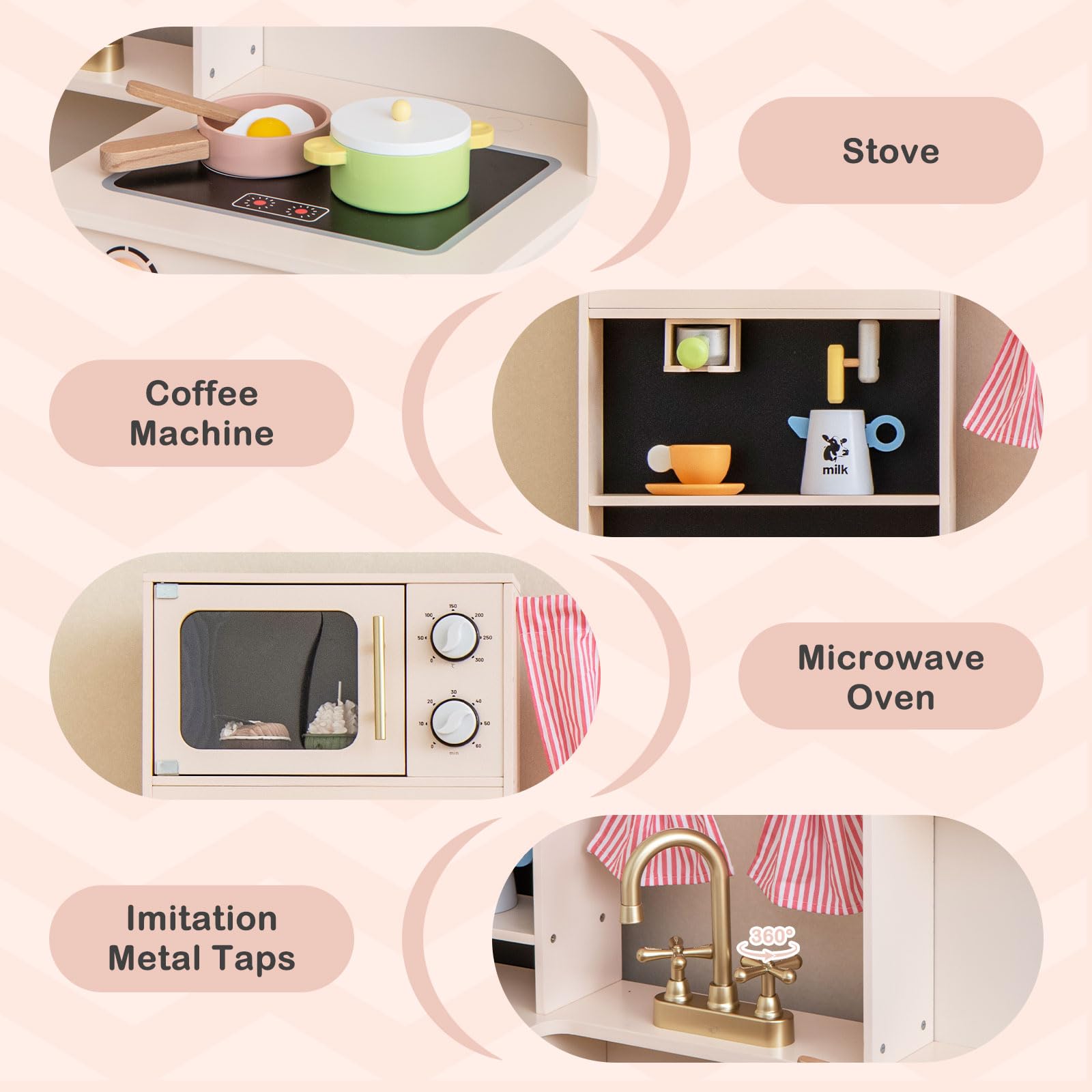 INFANS Kids Kitchen Playset Cooking Toy Kitchen Set with Coffee Machine Stove Removable Sink Microwave Storage Cabinet