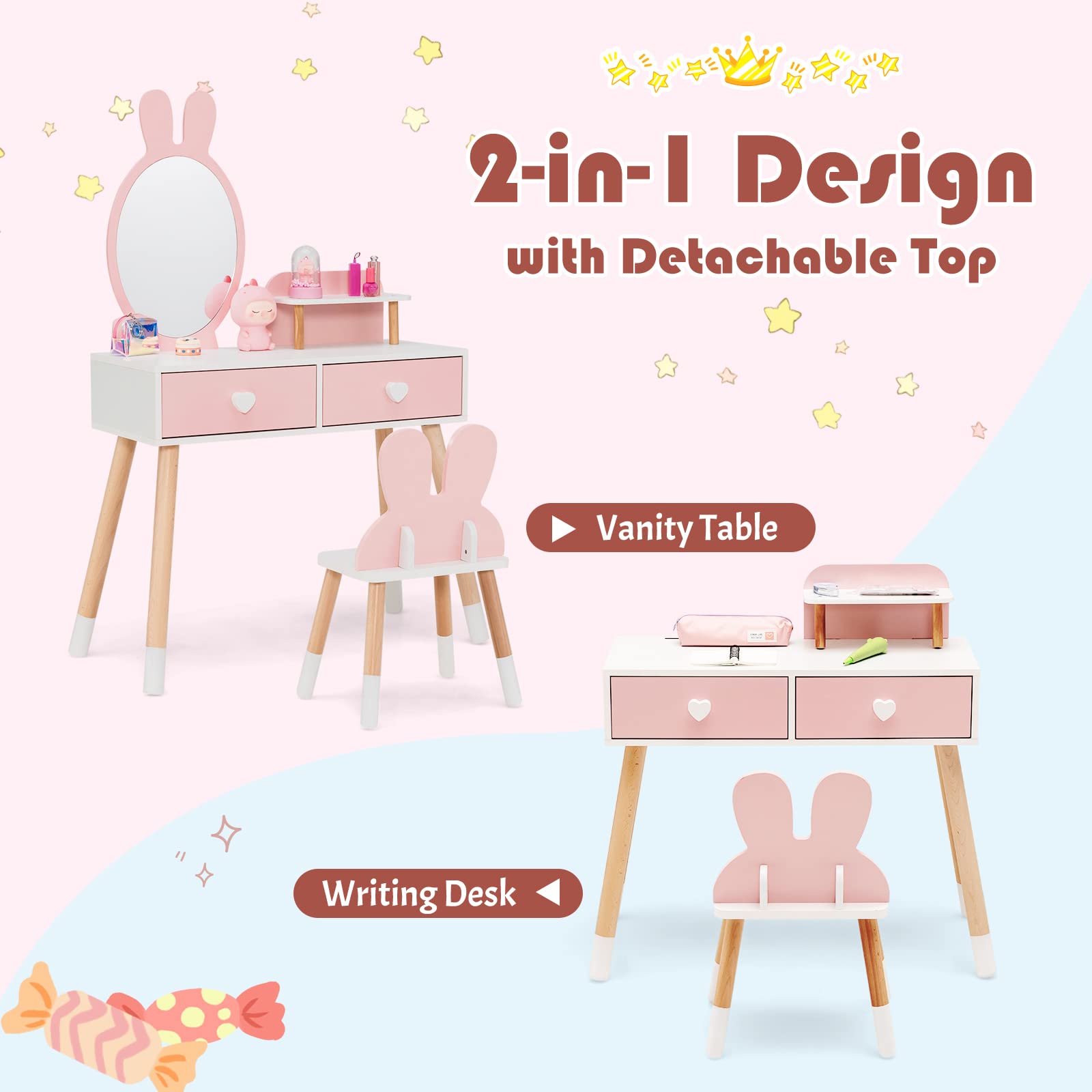 INFANS Kids Vanity Set, 2 in 1 Wooden Princess Makeup Table and Chair with Mirror INFANS