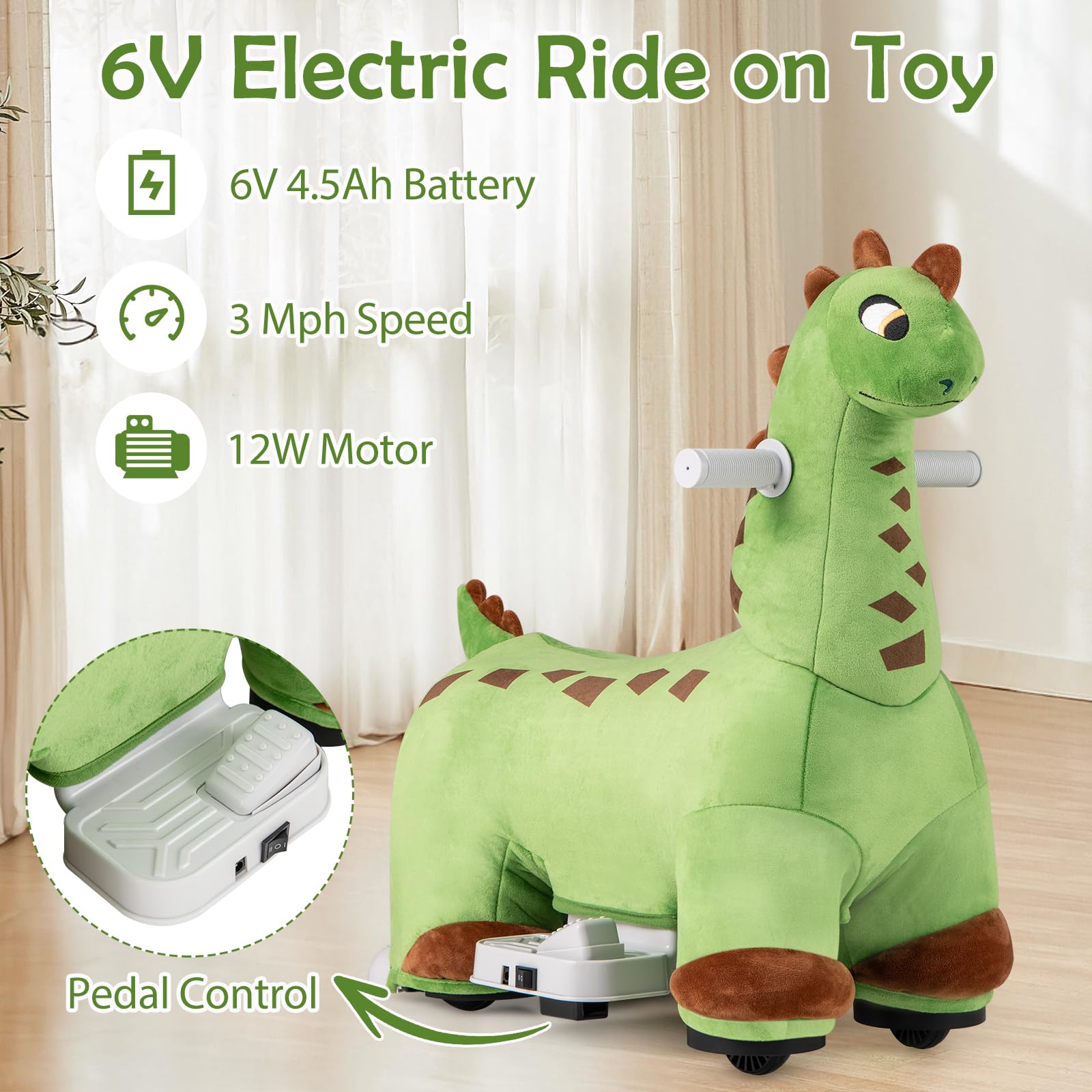 INFANS Ride on Toys, 6V Electric Battery Powered Electric Ride on Dinosaur with Music, Riding Horse Toy for Boys Girl Aged 3+