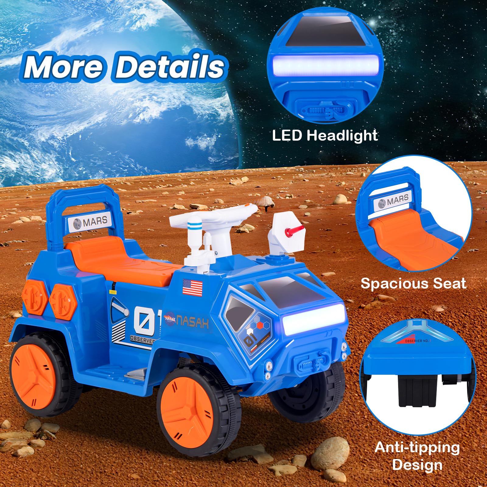 INFANS Ride on Car, 6V Electric Toy for Kids with Radar, Rocket, MP3, USB, Horn, 4-Wheeler Battery Powered Quad Gift for Toddlers