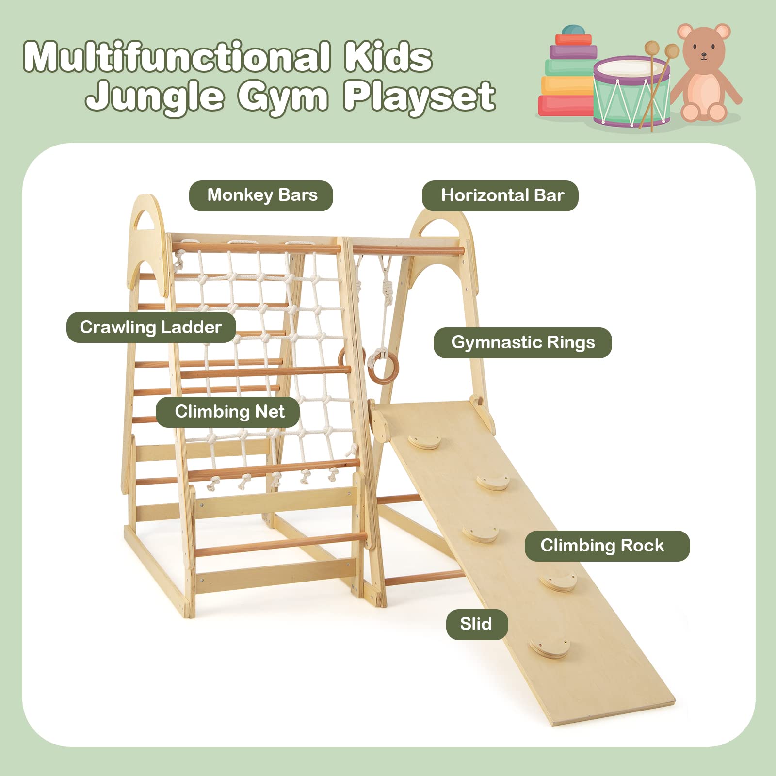 NFANS 7 in 1 Wooden Montessori Climber Playset with Tent Slide Climbing Rock Climbing Net