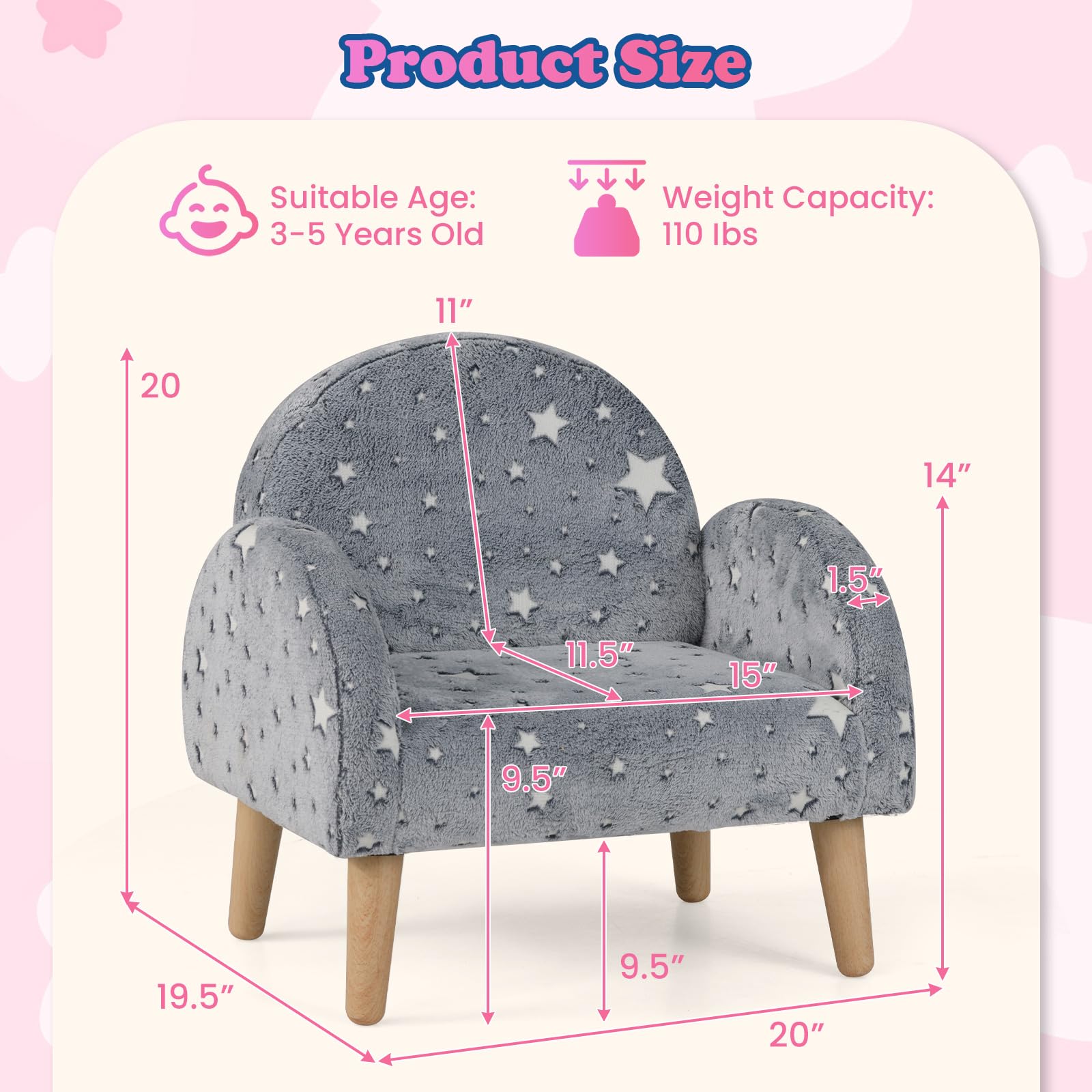 INFANS Kids Sofa with Glow in The Dark, Toddler Armchair Couch, Upholstered Comfy Foam Children Chair for Kindergarten Playroom