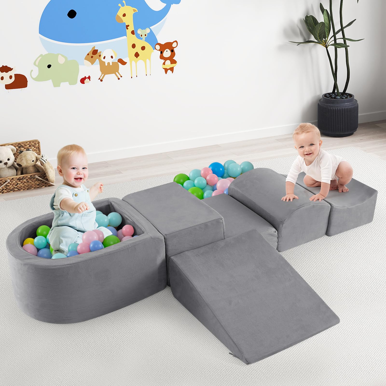 INFANS Climbing Toys for Toddlers, Foam Climbing Blocks and Ball Pit for Baby, 5pc Kids Climb and Crawl Block Activity Play Set