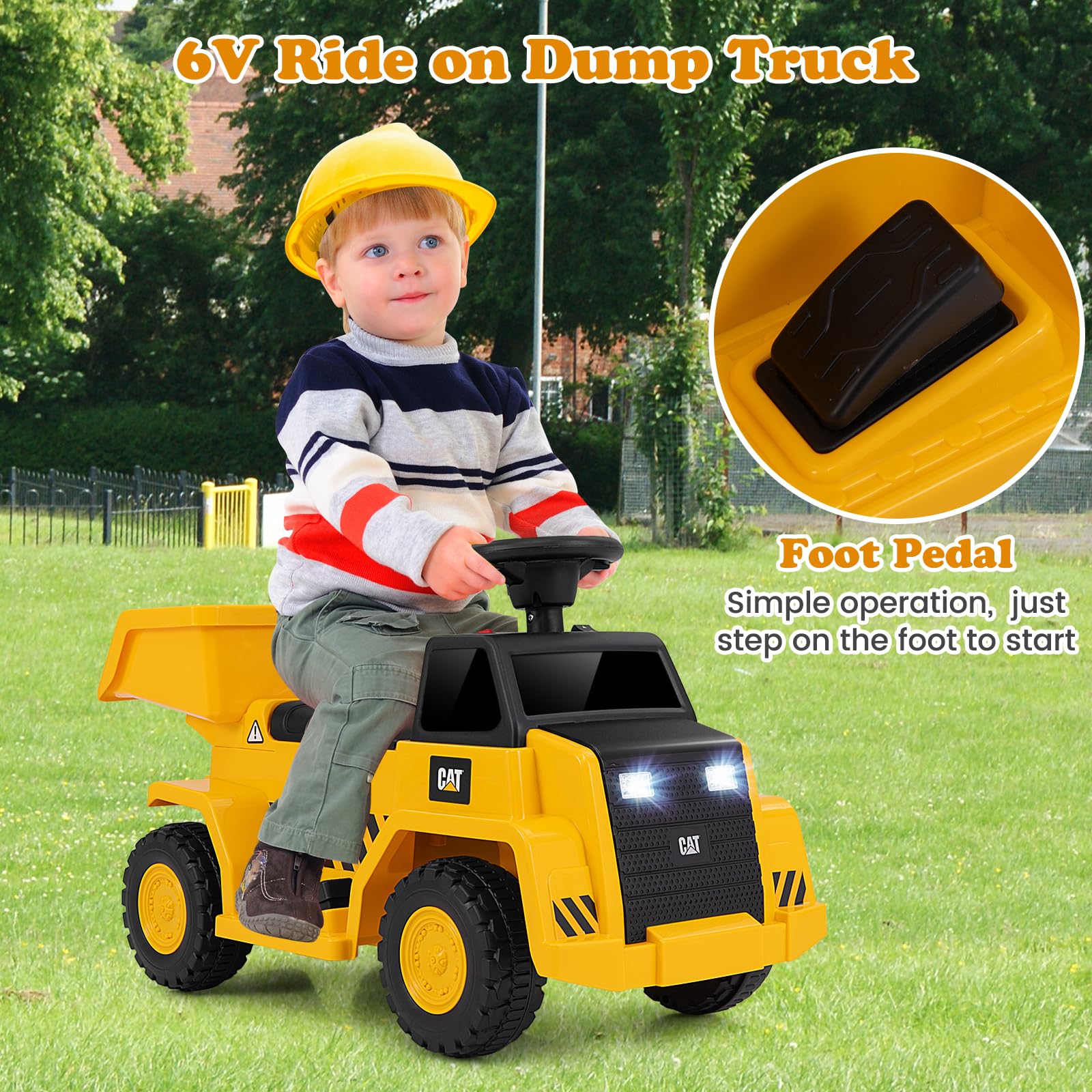 INFANS Licensed Caterpillar Ride on Dump Truck, 6V Cat Construction Car Electric Vehicle with Adjustable Dump Bed
