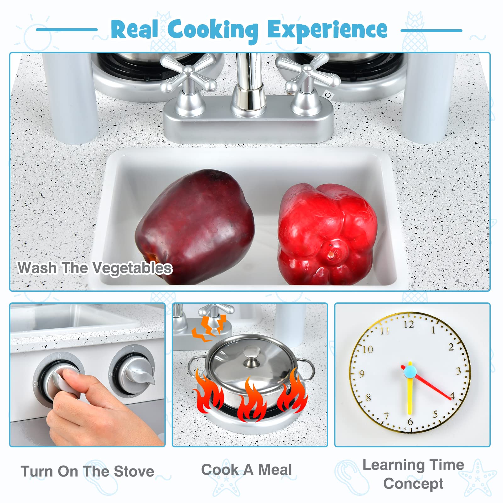 INFANS Toddler Wooden Pretend Cooking Set with Realistic Light & Sound