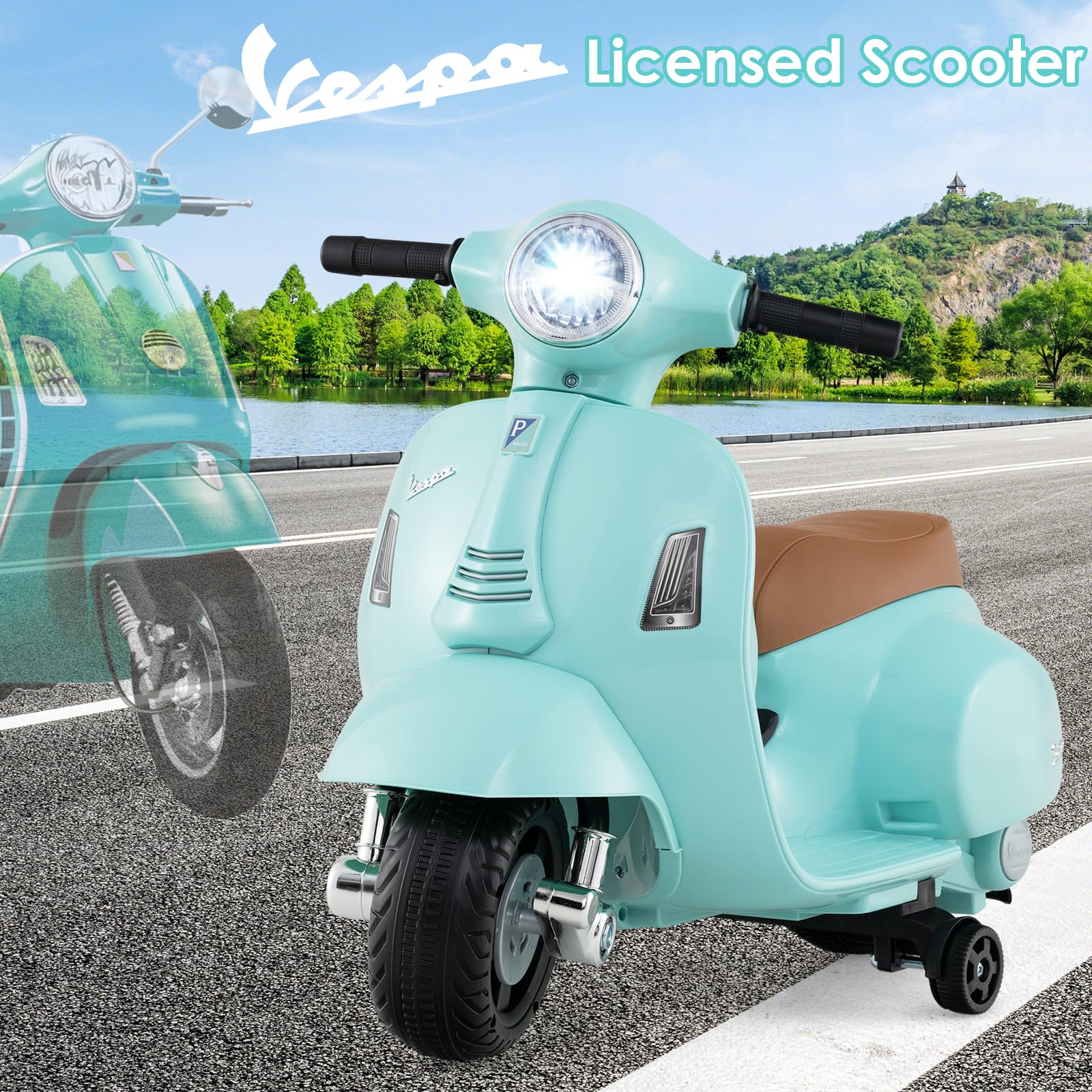 INFANS Licensed Vespa Kids Motorcycle, 6V Battery Powered Motorbike for Toddlers with Training Wheels, Horn, LED Lights