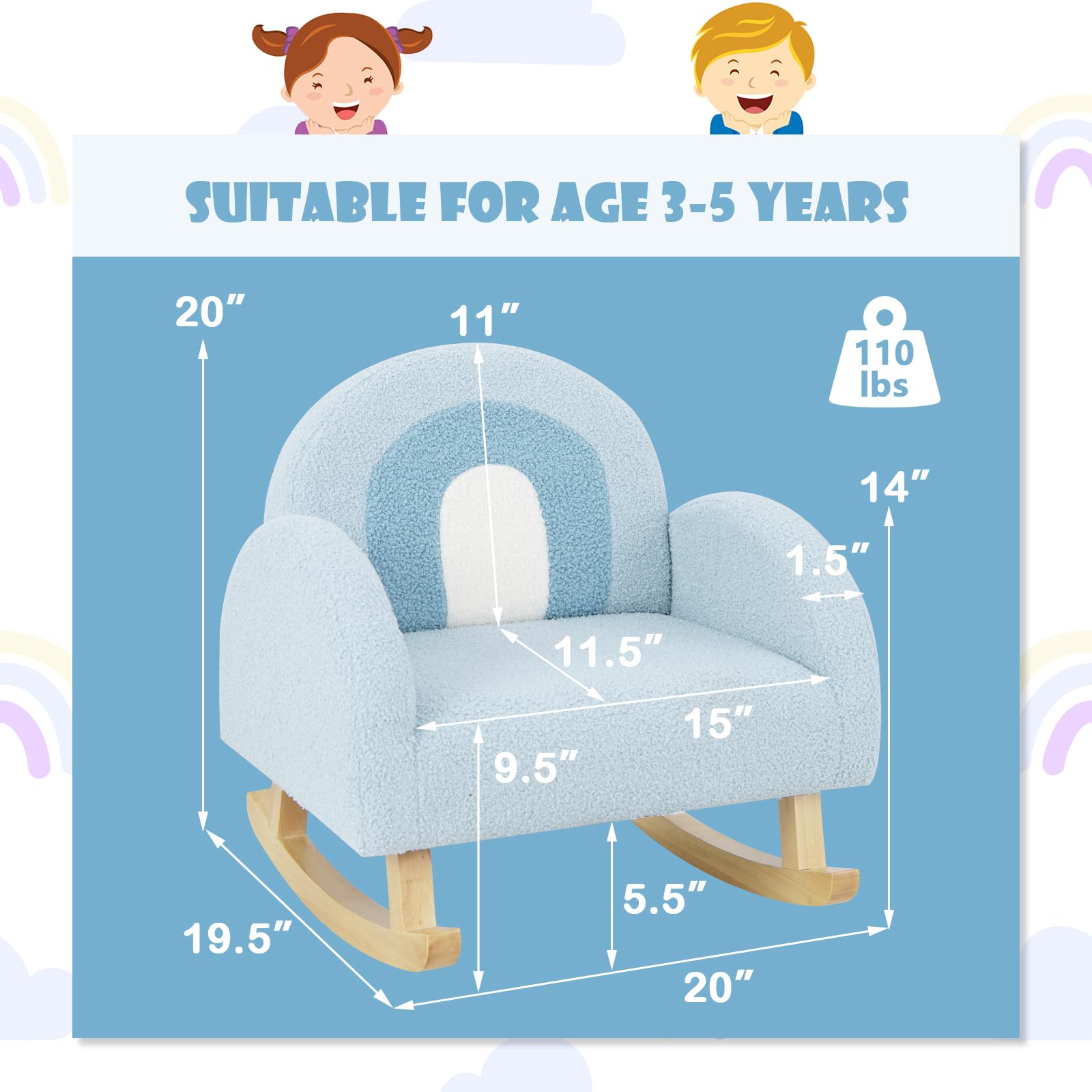 INFANS Kids Sofa, Toddler Rocking Chair with Solid Wooden Frame, Anti-Tipping Design, Plush Fabric, Children Armchair