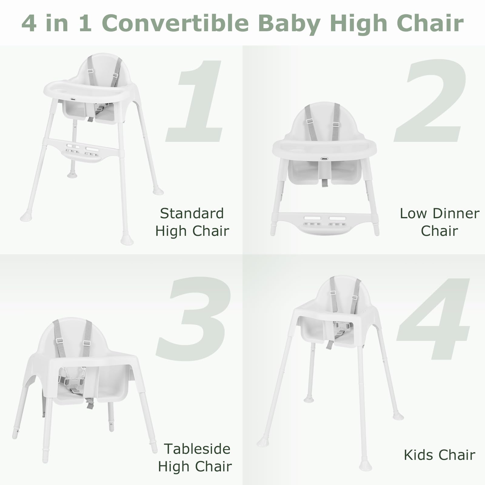 INFANS 4 in 1 Baby High Chair, Convertible Highchair for Babies and Toddlers, Infant Feeding Highchairs with Removable Tray Adjustable Footrest