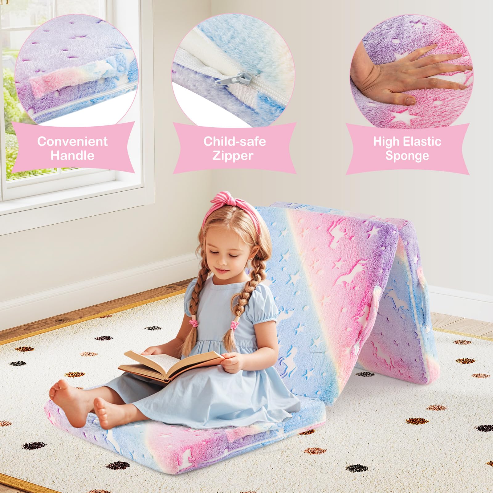 INFANS Foldable Floor Mattress for Kids, Glow in Dark Tri-Folding Nap Mat for Sleeping Daycare, Portable Foam Mattress