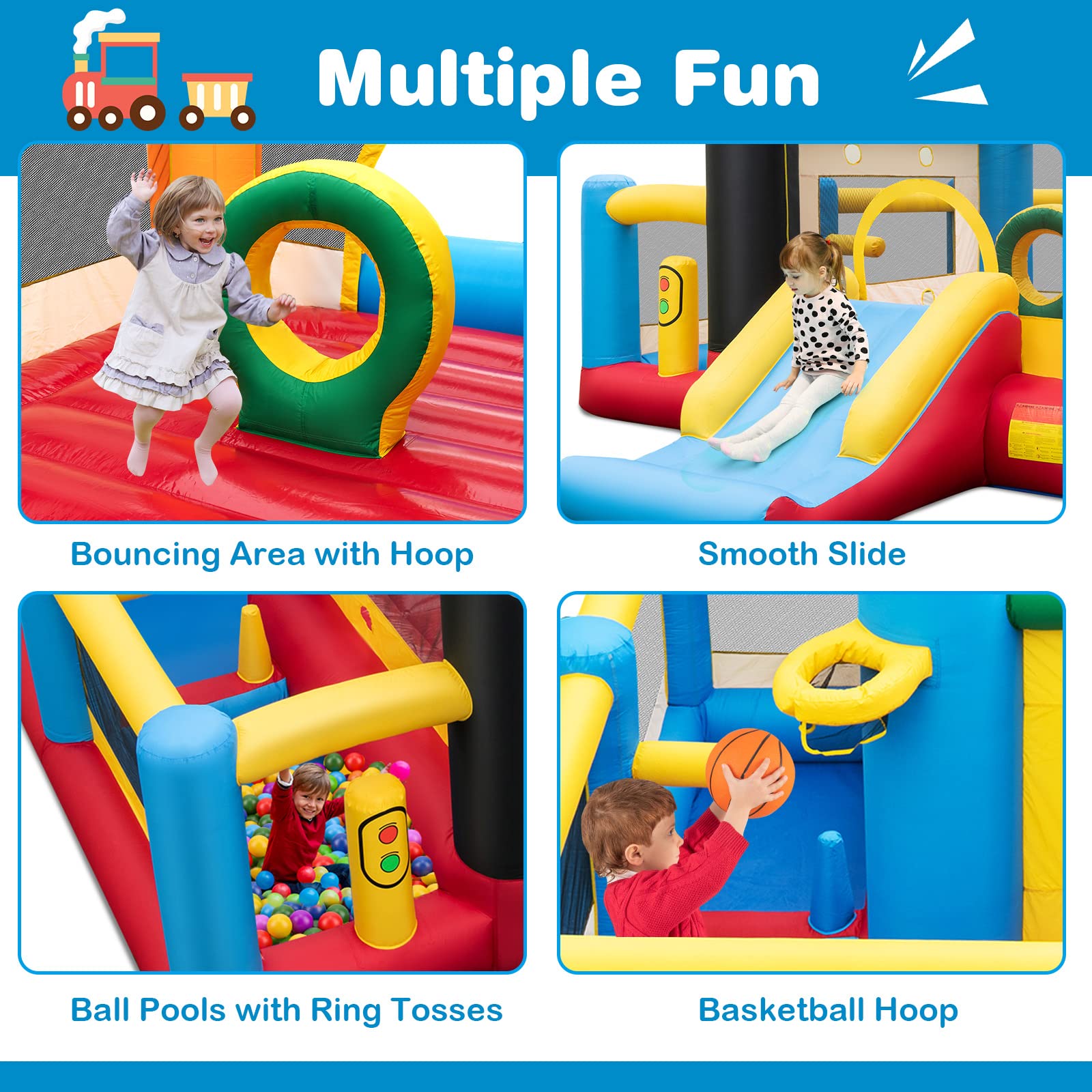 INFANS Inflatable Bounce House, Train Theme Kids Jumping Castle, Inflatable Obstacle Course with 950W Blower