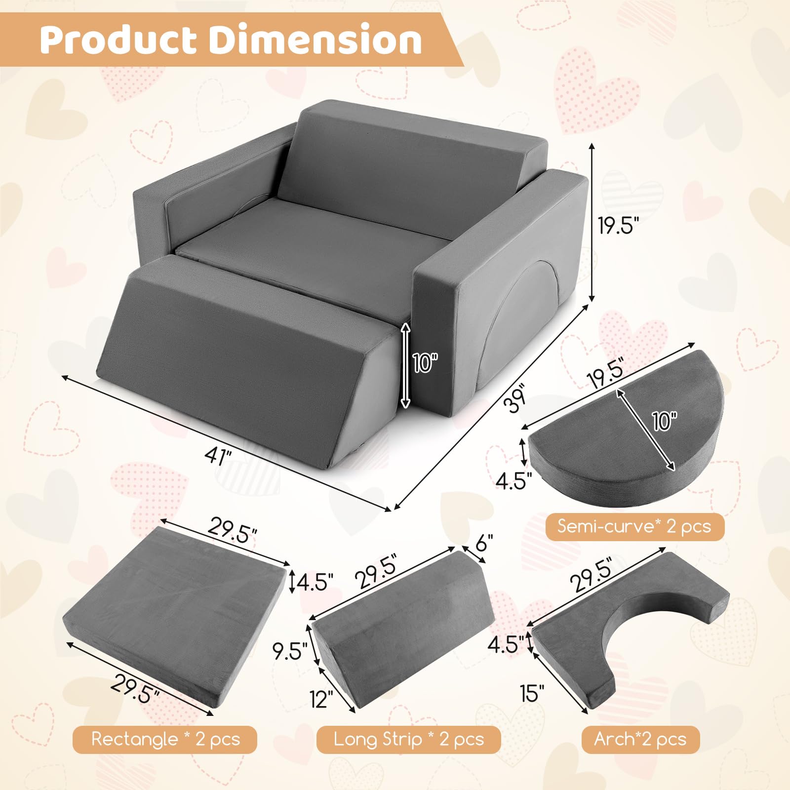 INFANS Mondular Kids Play Couch, 8PCS Toddler Sectional Sofa Building Fort for Bedroom, Imaginative Convertible Floor Cushion