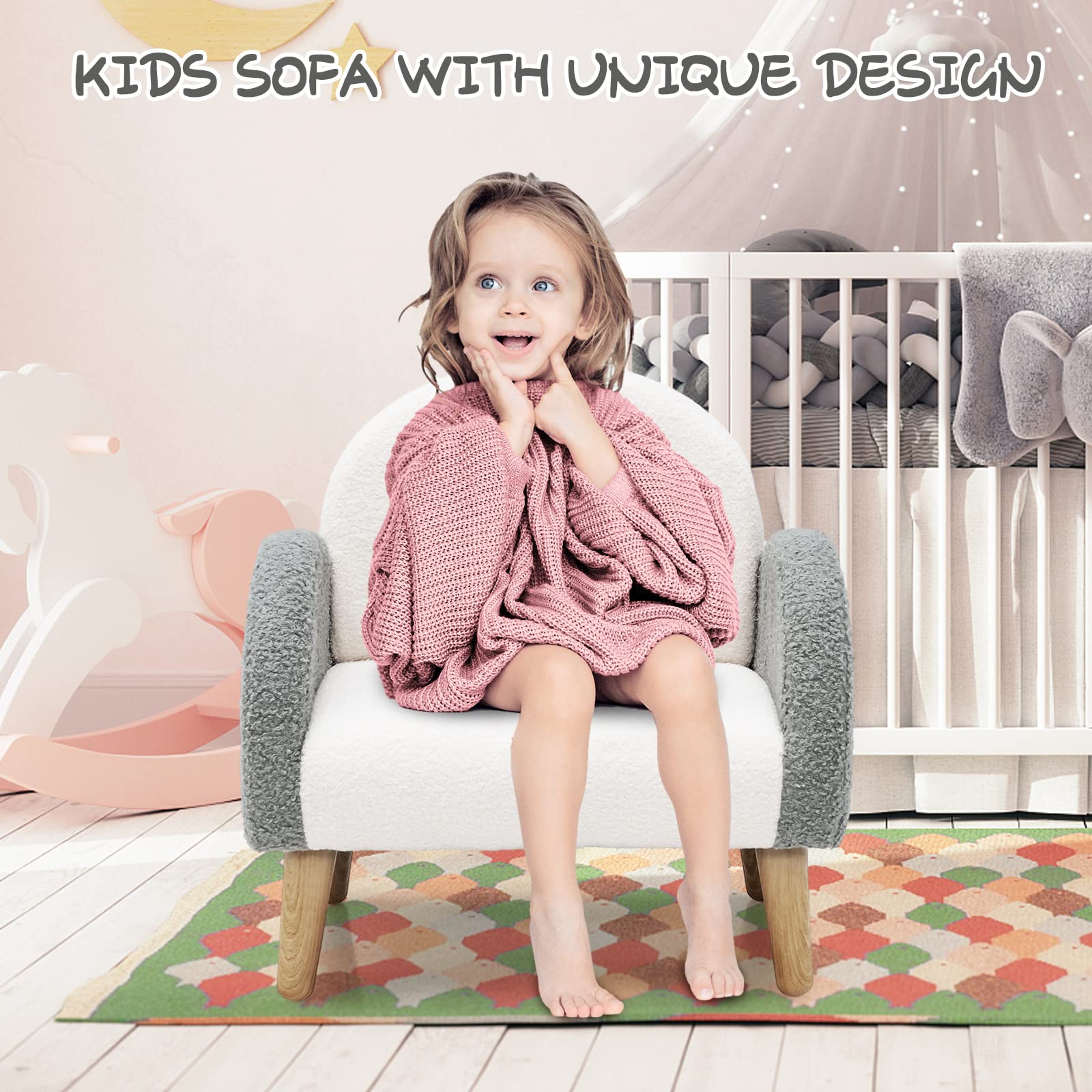 INFANS Kids Sofa, Toddler Armchair with Solid Wooden Frame Anti-Tipping Design Plush Fabric, Upholstered Children Chair