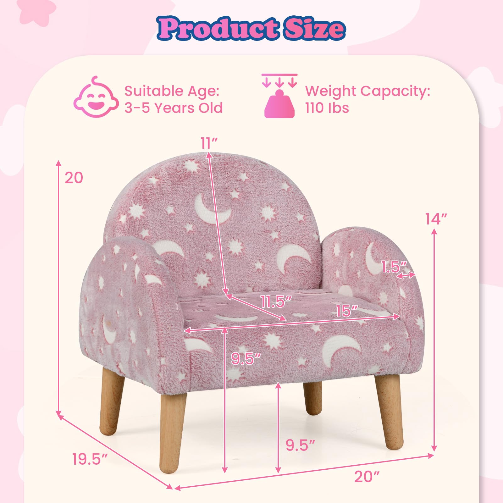INFANS Kids Sofa with Glow in The Dark, Toddler Armchair Couch, Upholstered Comfy Foam Children Chair for Kindergarten Playroom