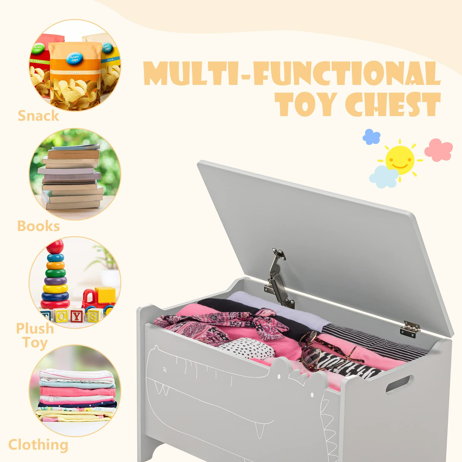 INFANS Wooden Toy Chest , Wide Kids Toy Box Storage Space with Safety Hinge and Handles INFANS