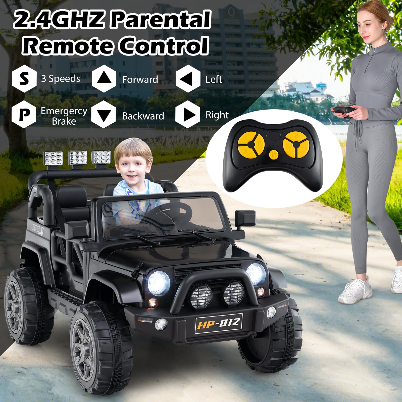 INFANS 2 Seater Ride on Truck, 12V Battery Powered Electric Vehicle for Kids with Remote Control, Power Display, LED Lights