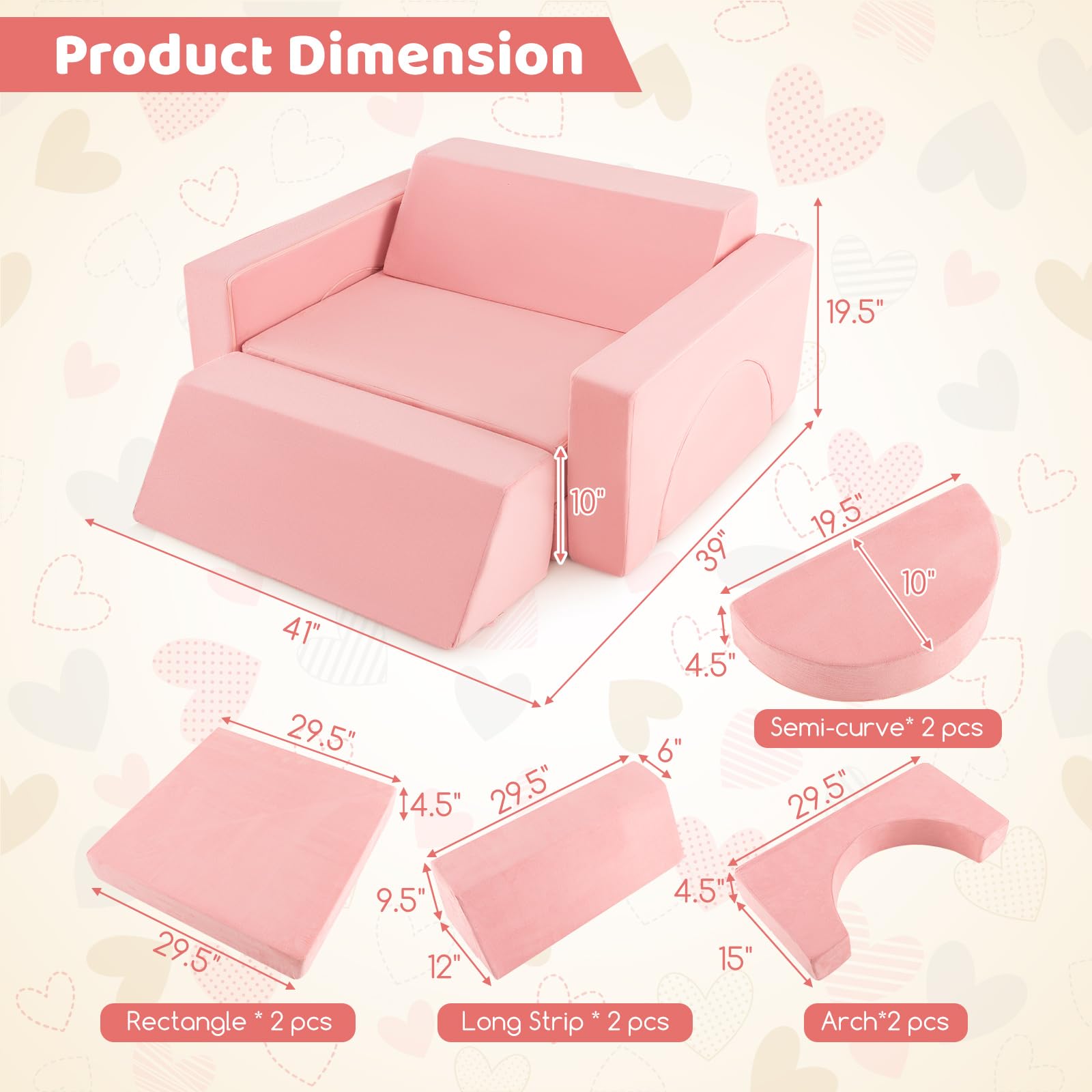 INFANS Mondular Kids Play Couch, 8PCS Toddler Sectional Sofa Building Fort for Bedroom, Imaginative Convertible Floor Cushion