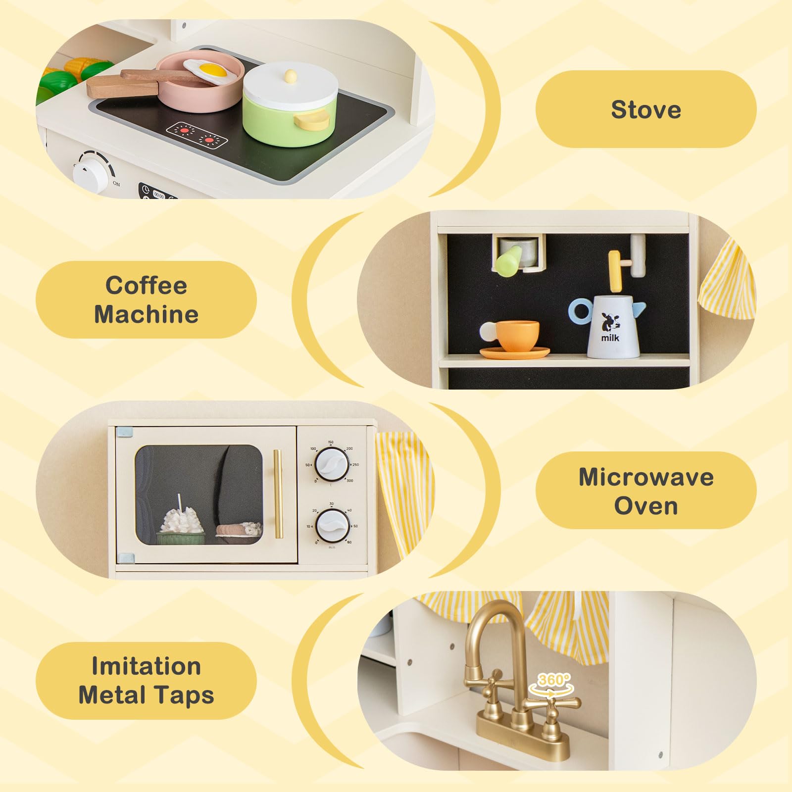 INFANS Kids Kitchen Playset Cooking Toy Kitchen Set with Coffee Machine Stove Removable Sink Microwave Storage Cabinet