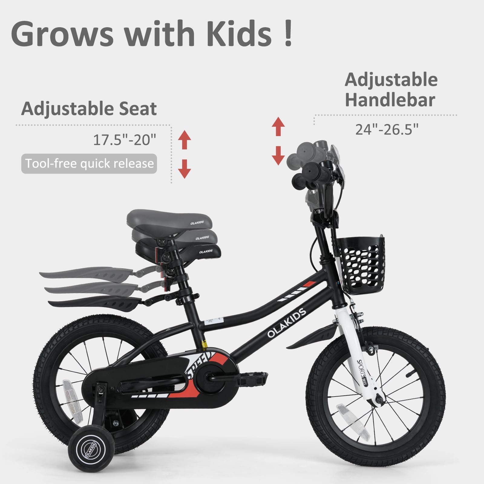 INFANS Kids Bike 12 Inch Toddlers Bike with Training Wheels Basket Adjustable Seat Handbrake and Coaster Brake