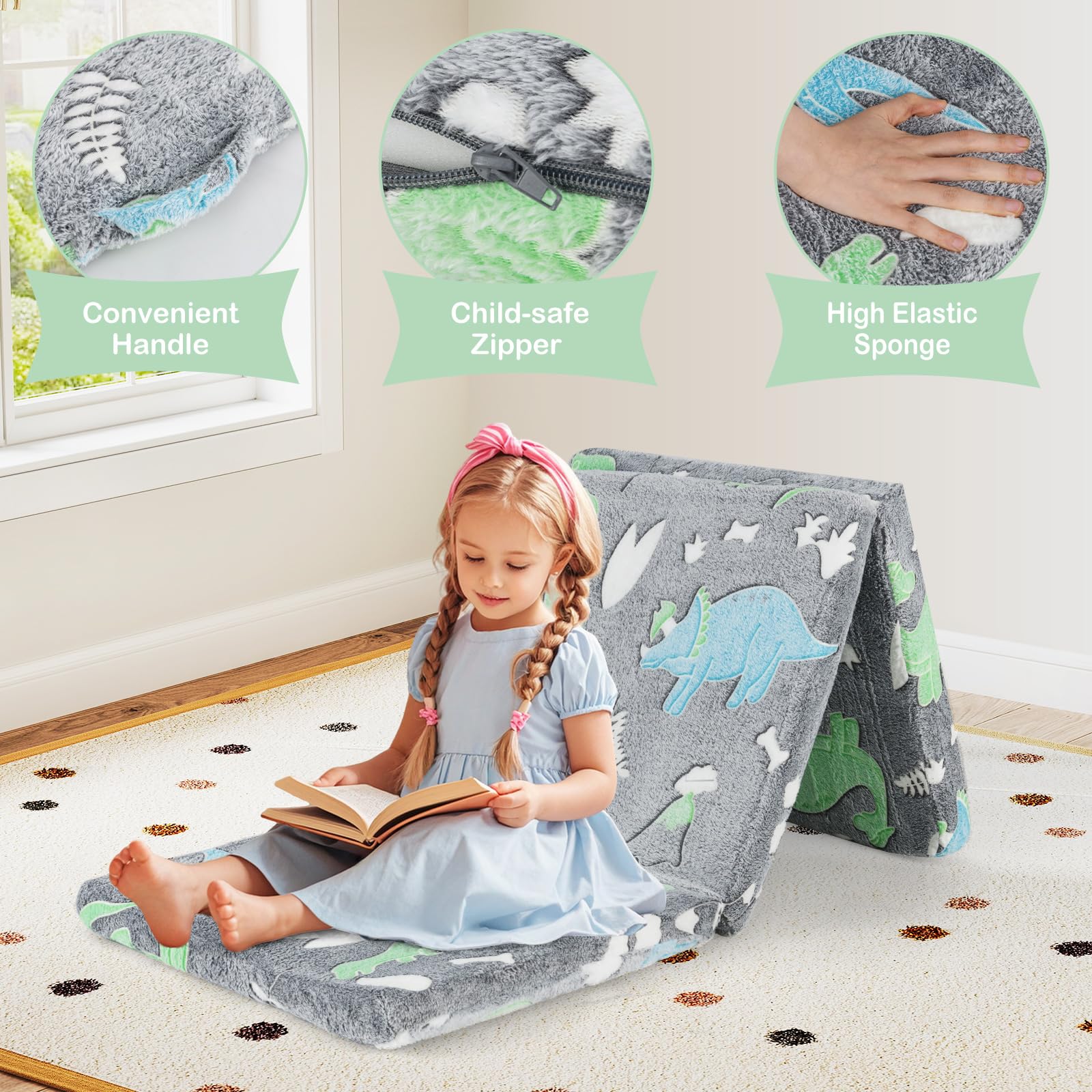 INFANS Foldable Floor Mattress for Kids, Glow in Dark Tri-Folding Nap Mat for Sleeping Daycare, Portable Foam Mattress