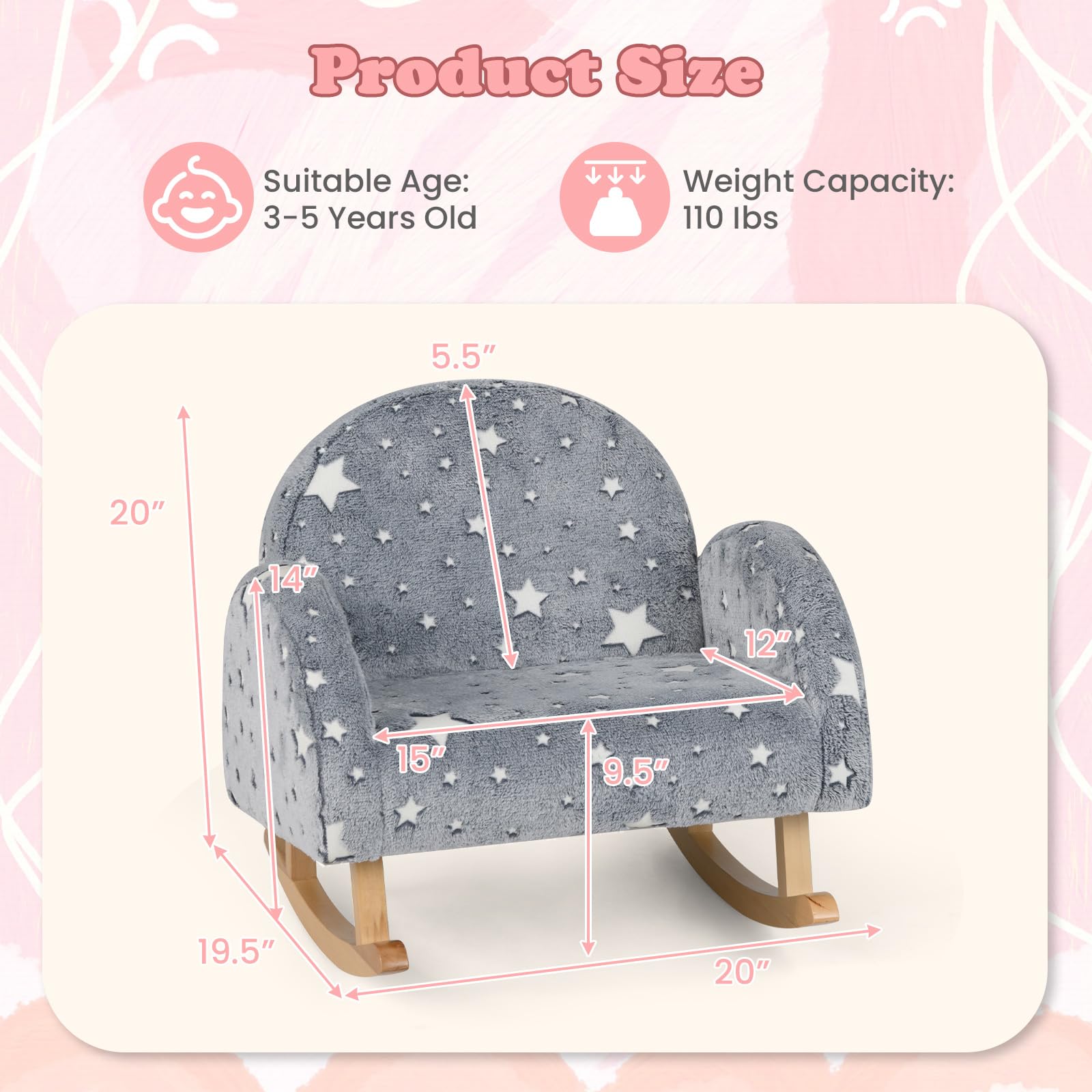 INFANS Kids Sofa with Glow in The Dark, Toddler Rocking Chair, Upholstered Comfy Foam Children Chair for Kindergarten Playroom