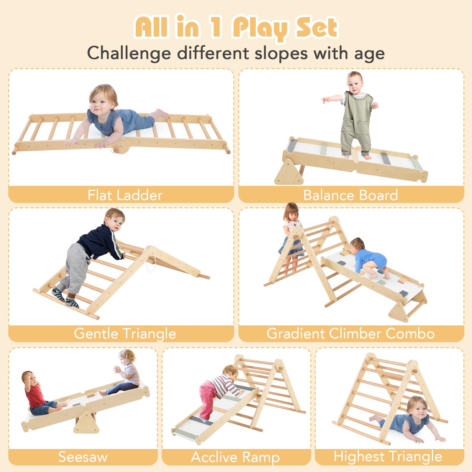 INFANS Pikler Triangle Set 7 in 1 Climbing Toys for Toddlers Foldable Baby Wood Montessori Jungle Gym