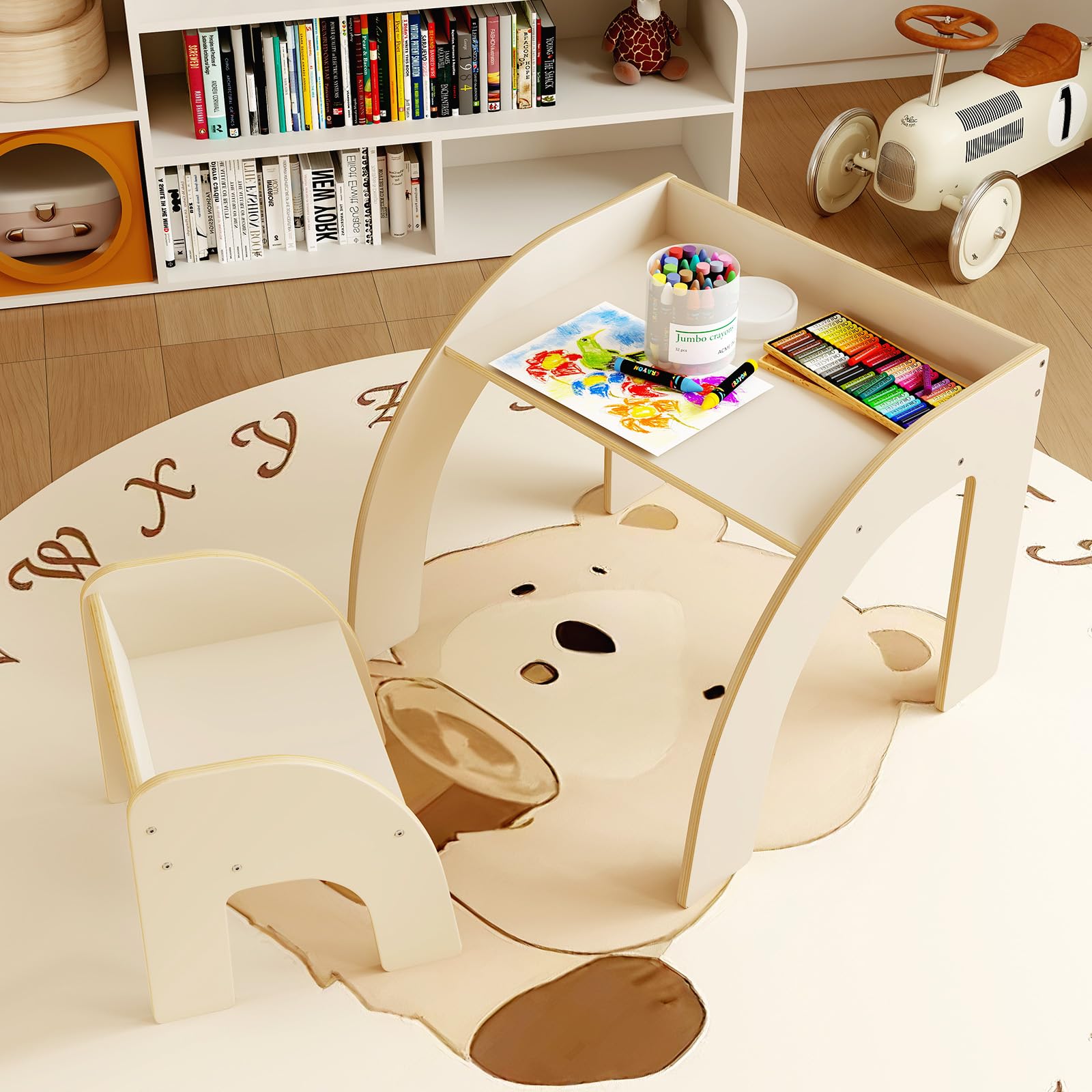 INFANS Kids Table and Chair Set, Wooden Activity Table for Toddlers Arts Crafts Drawing Reading Playing Building Block Drawing