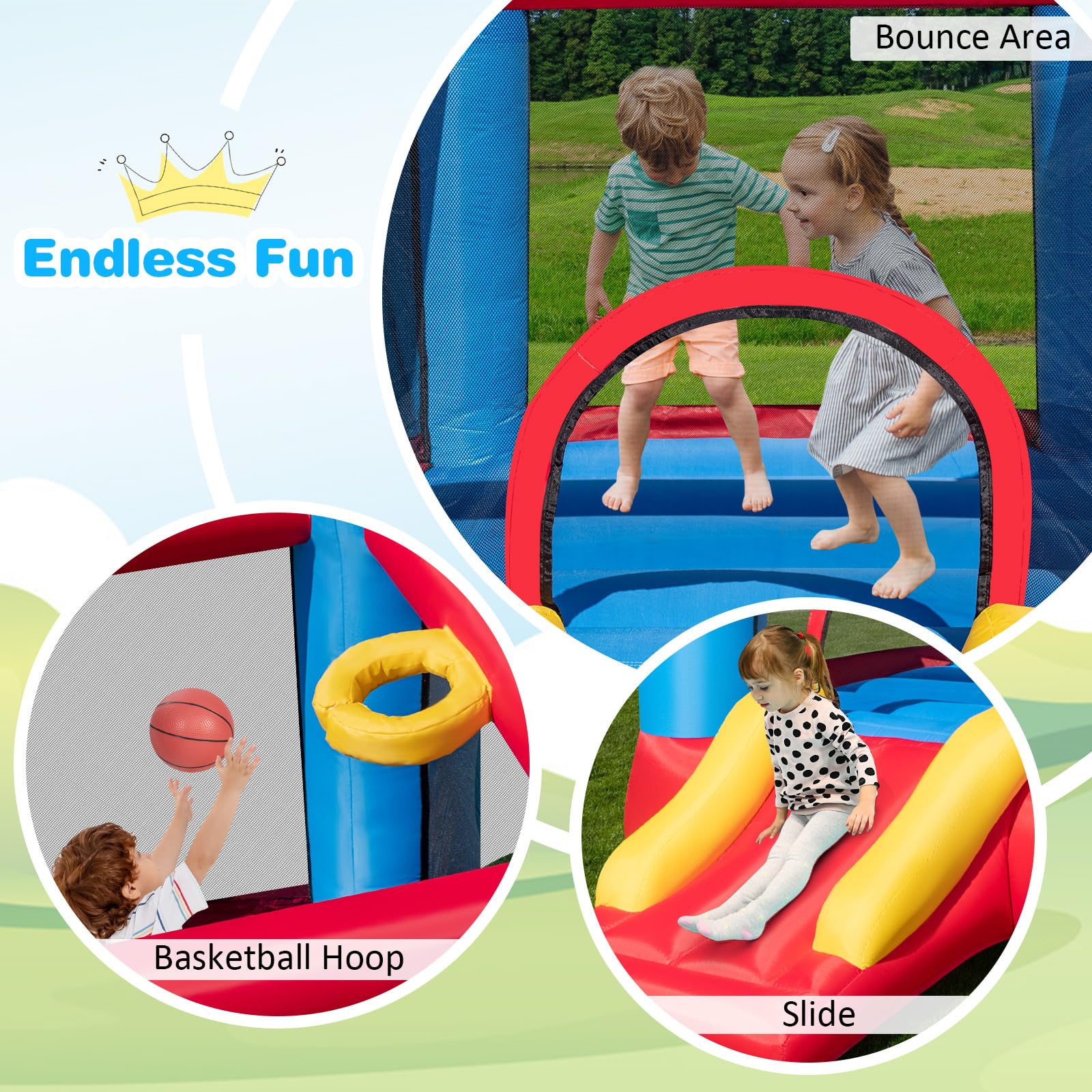 INFANS Inflatable Bounce House, 3 in 1 Kids Jumping Castle, Indoor Outdoor Inflatable Obstacle Course (with 480W Blower)
