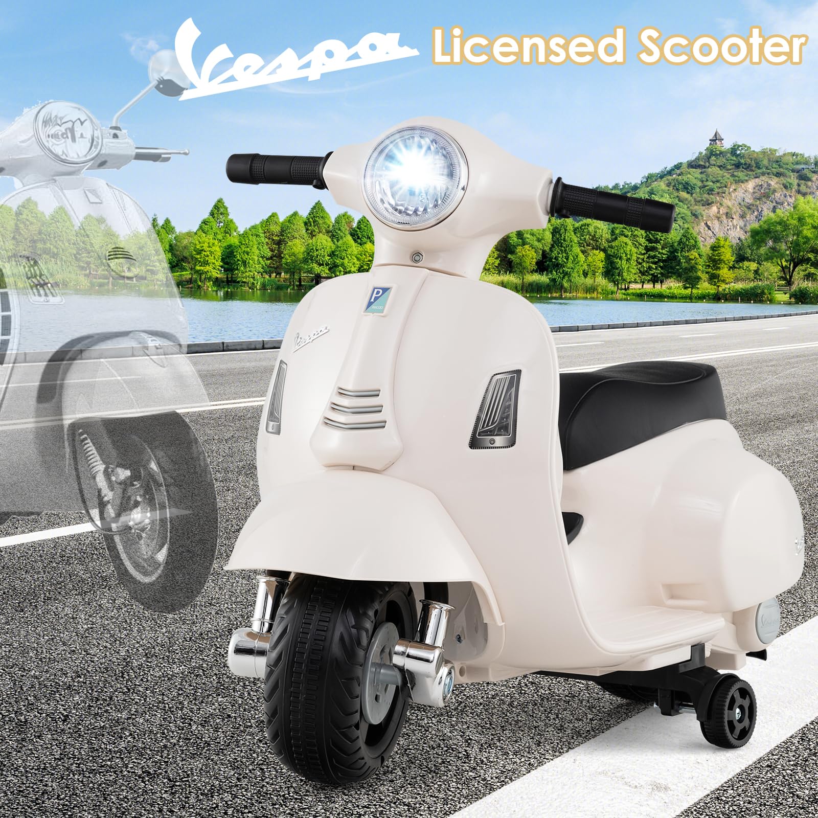 INFANS Licensed Vespa Kids Motorcycle, 6V Battery Powered Motorbike for Toddlers with Training Wheels, Horn, LED Lights