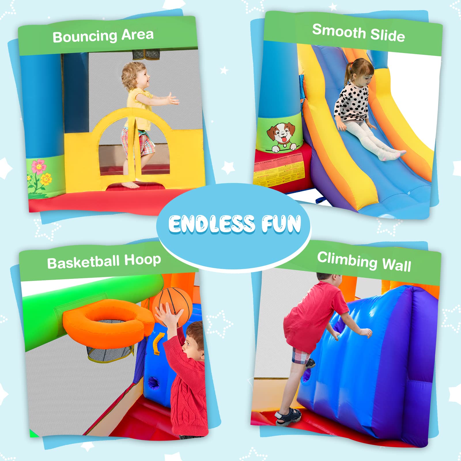 INFANS Inflatable Bounce House, Kids Jumping Castle with Slide, Basketball Rim, Climbing Wall