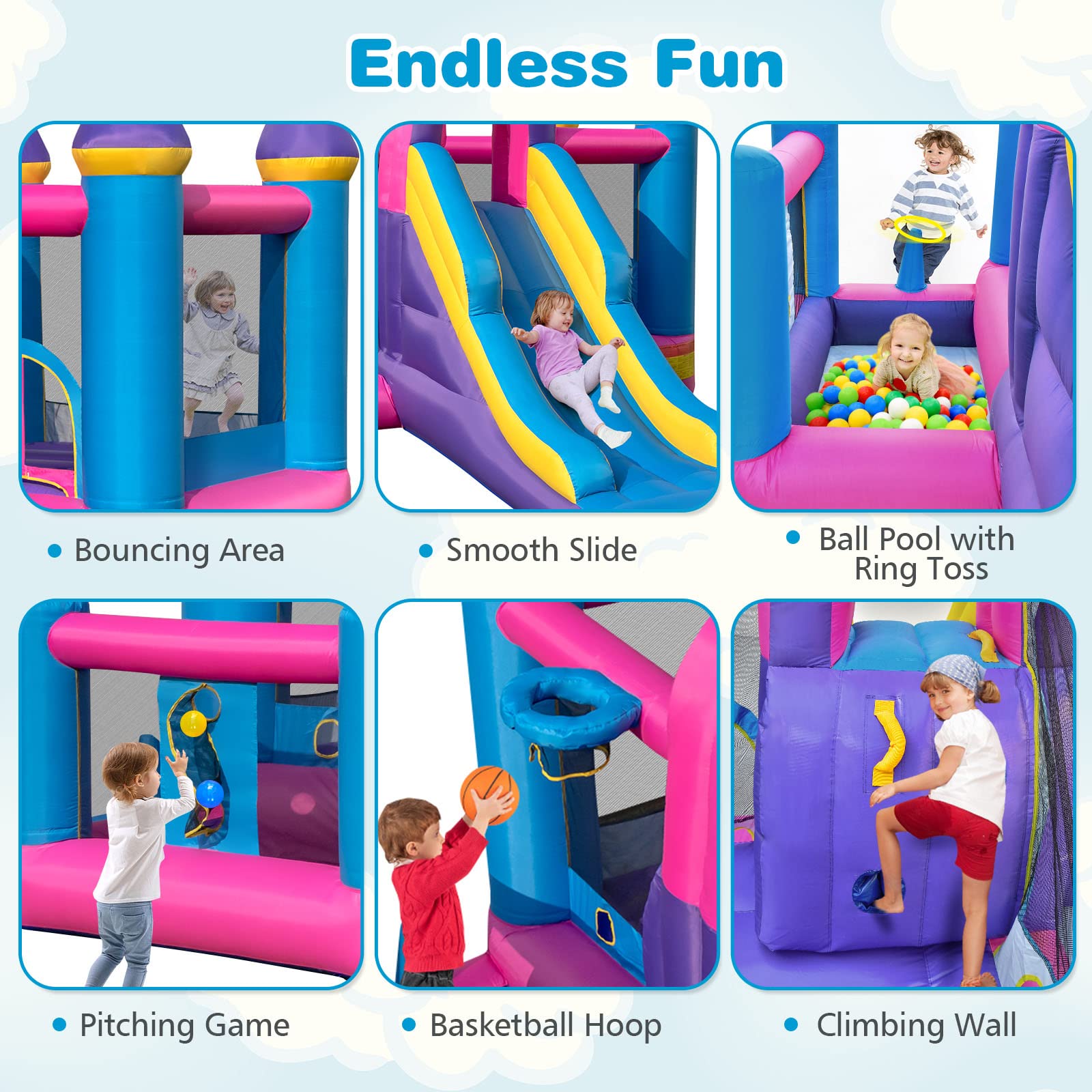 INFANS Inflatable Bounce House, Kids Pink Jumping Castle with Slide, Ball Pit, Climbing Wall, Basketball Rim