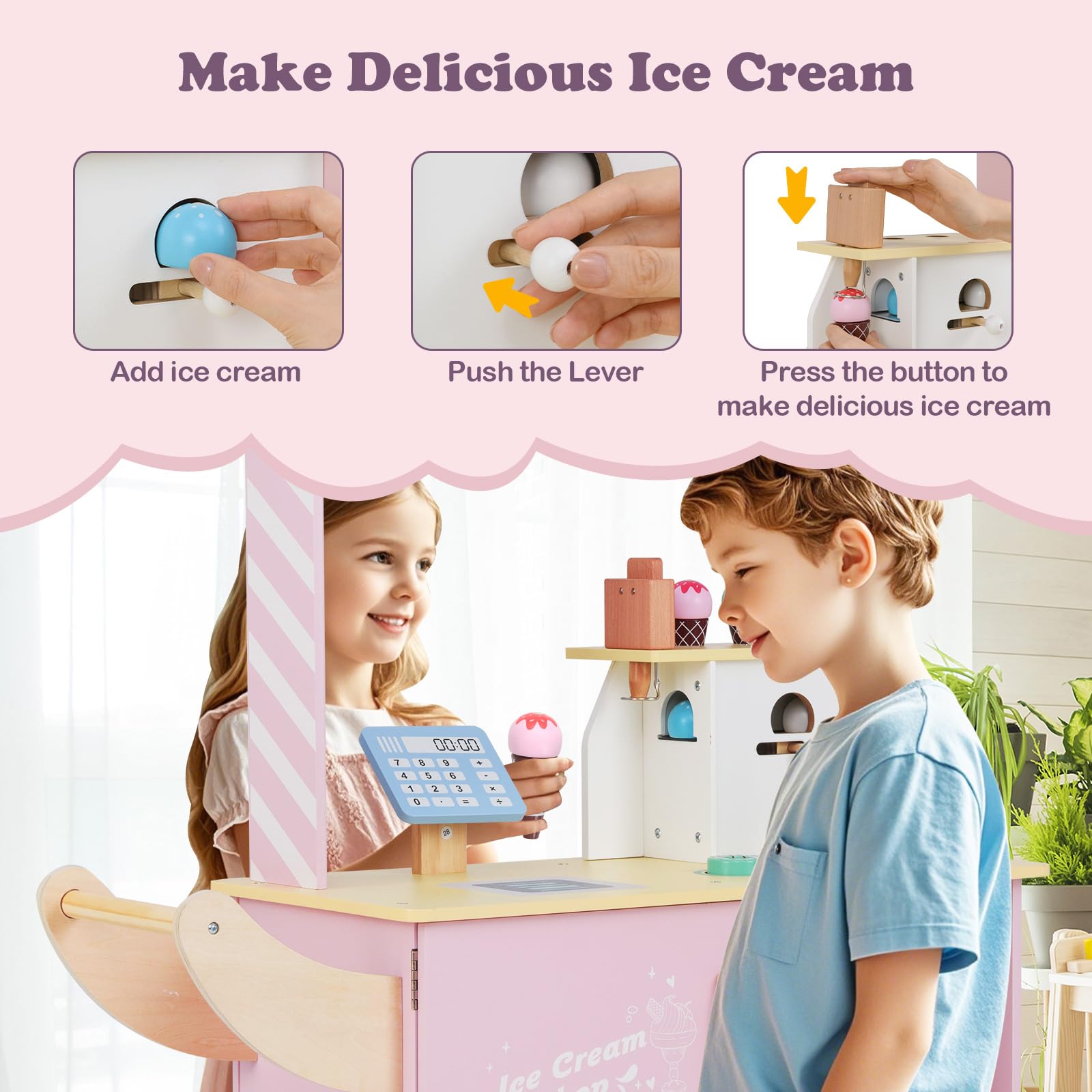 INFANS Ice Cream Cart Grocery Store Marketplace Toy, Market Stand Shop Pretend Play Set with Accessories Gift for Ages 3+