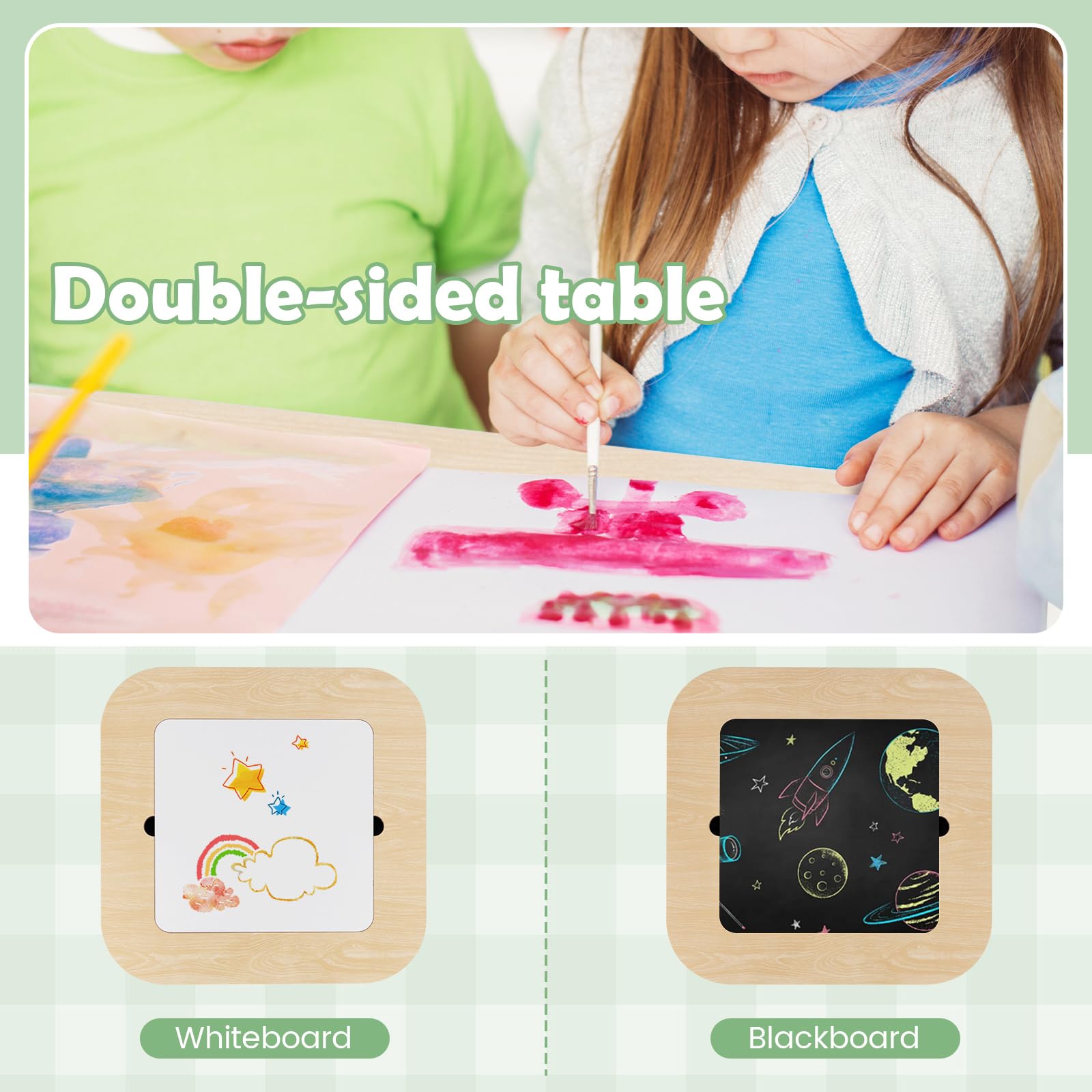 INFANS Kids Table and Chair Set, 3 in 1 Wooden Activity Table with Removable Tabletop, Blackboard and Whiteboard