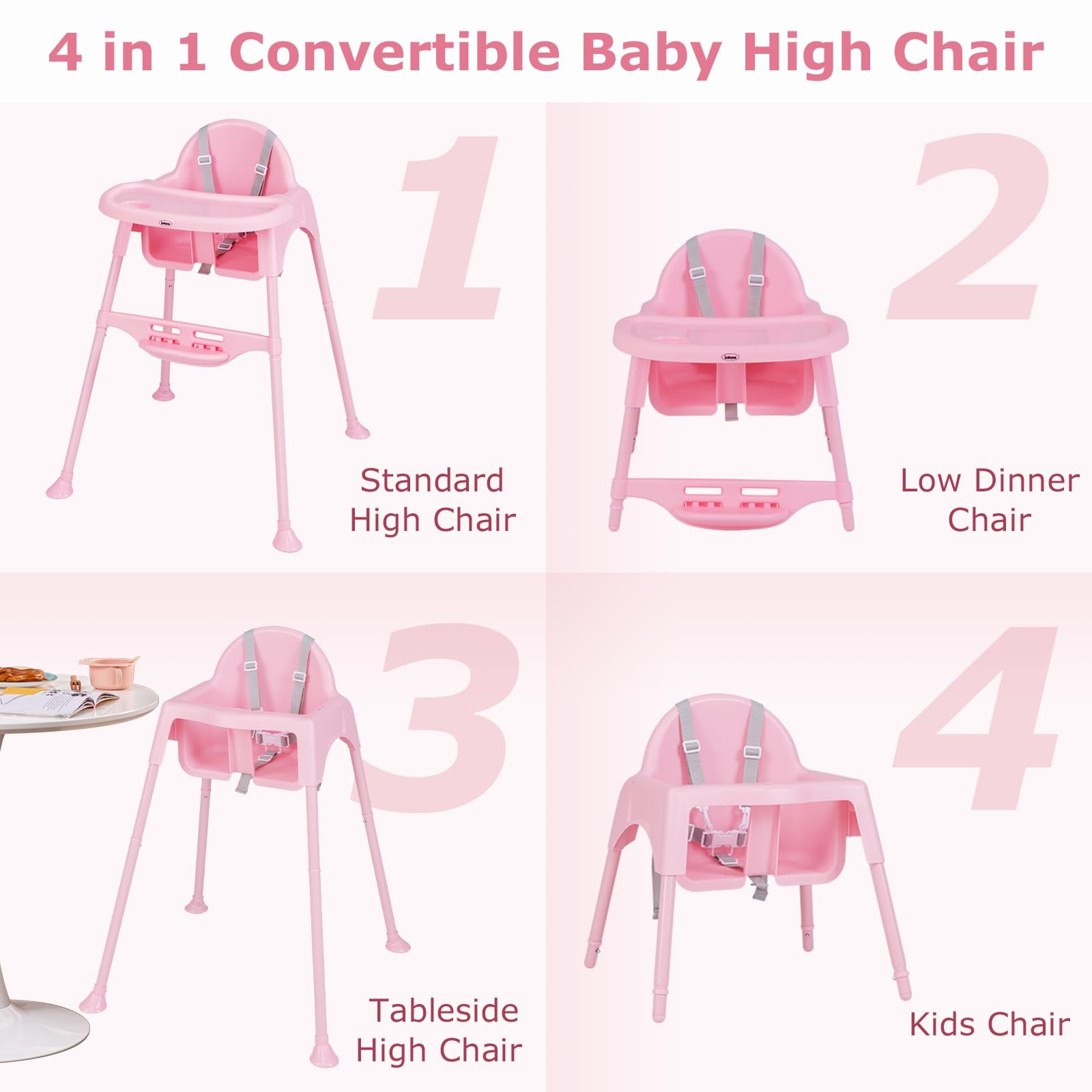 INFANS 4 in 1 Baby High Chair, Convertible Highchair for Babies and Toddlers, Infant Feeding Highchairs with Removable Tray Adjustable Footrest
