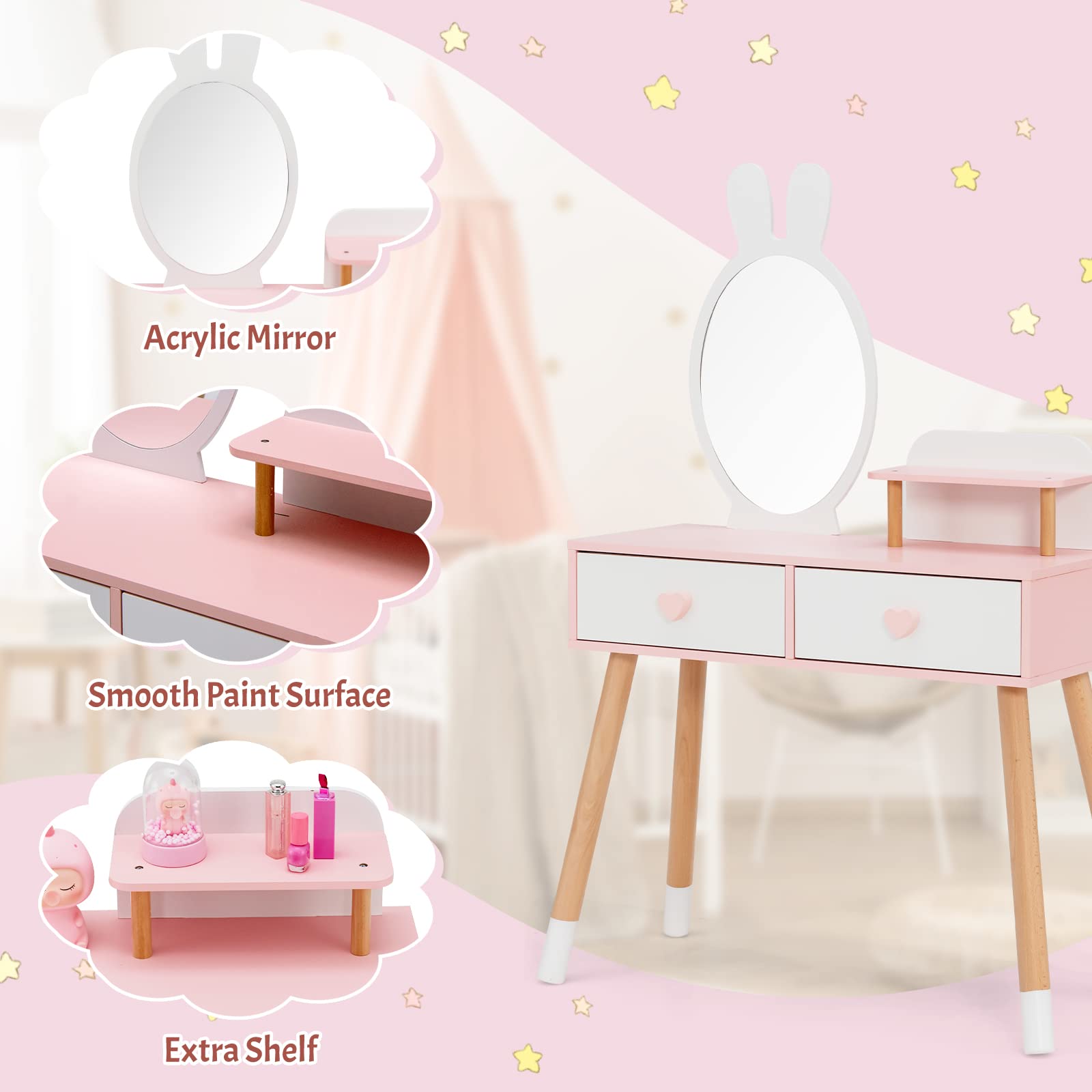 INFANS Kids Vanity Set, 2 in 1 Wooden Princess Makeup Table and Chair with Mirror INFANS