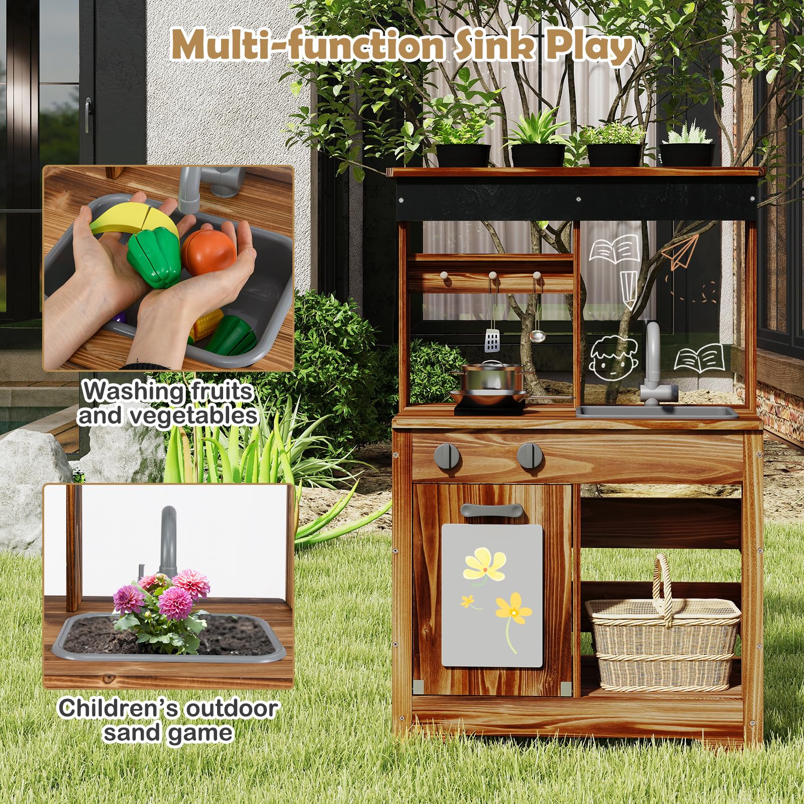INFANS Mud Kitchen, Outdoor Play Kitchen with Drawing Board, Cooking Accessories, Wooden Kids Kitchen Playset