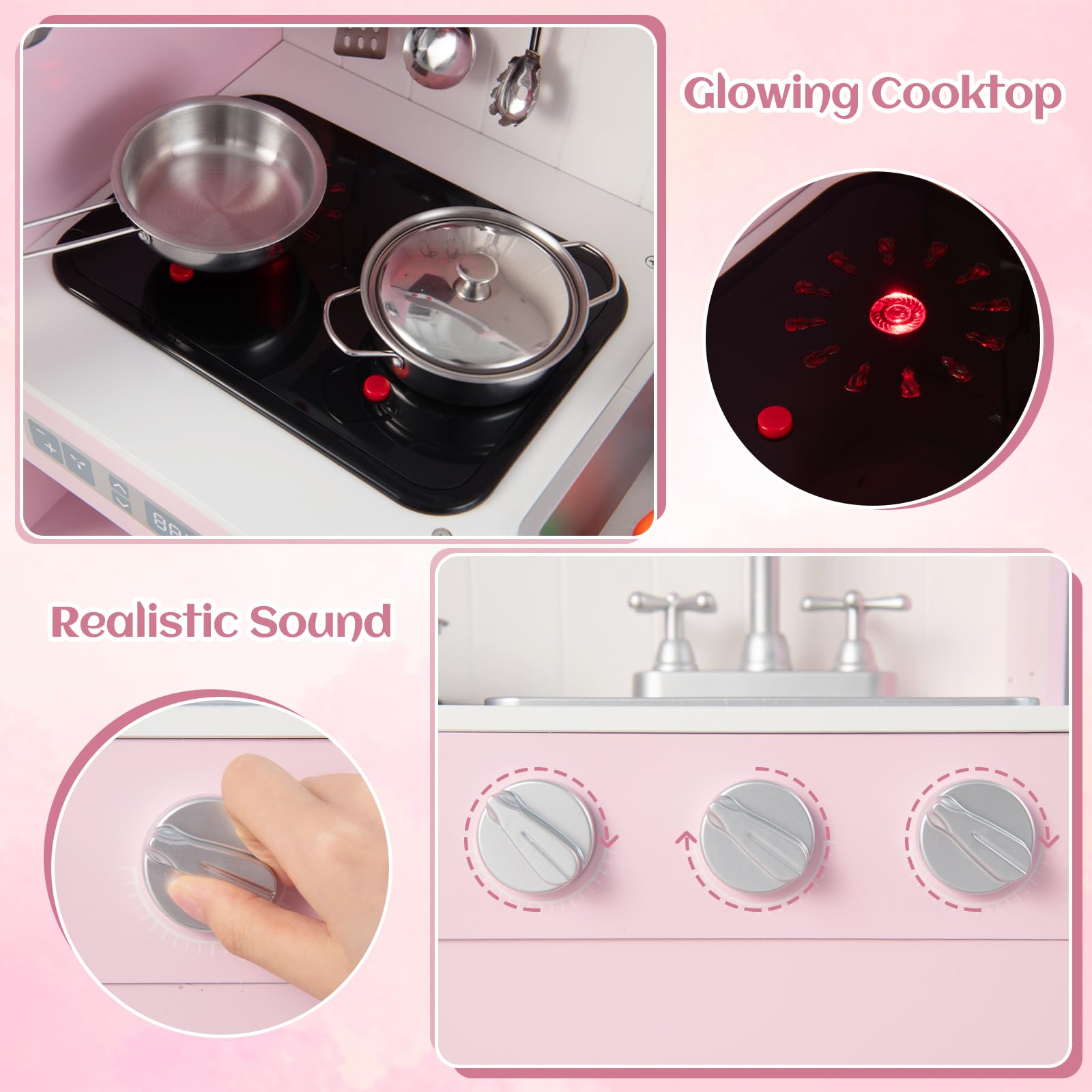 INFANS Kids Kitchen Playset, Toddler Wooden Pretend Cooking Set with Realistic Light Sound