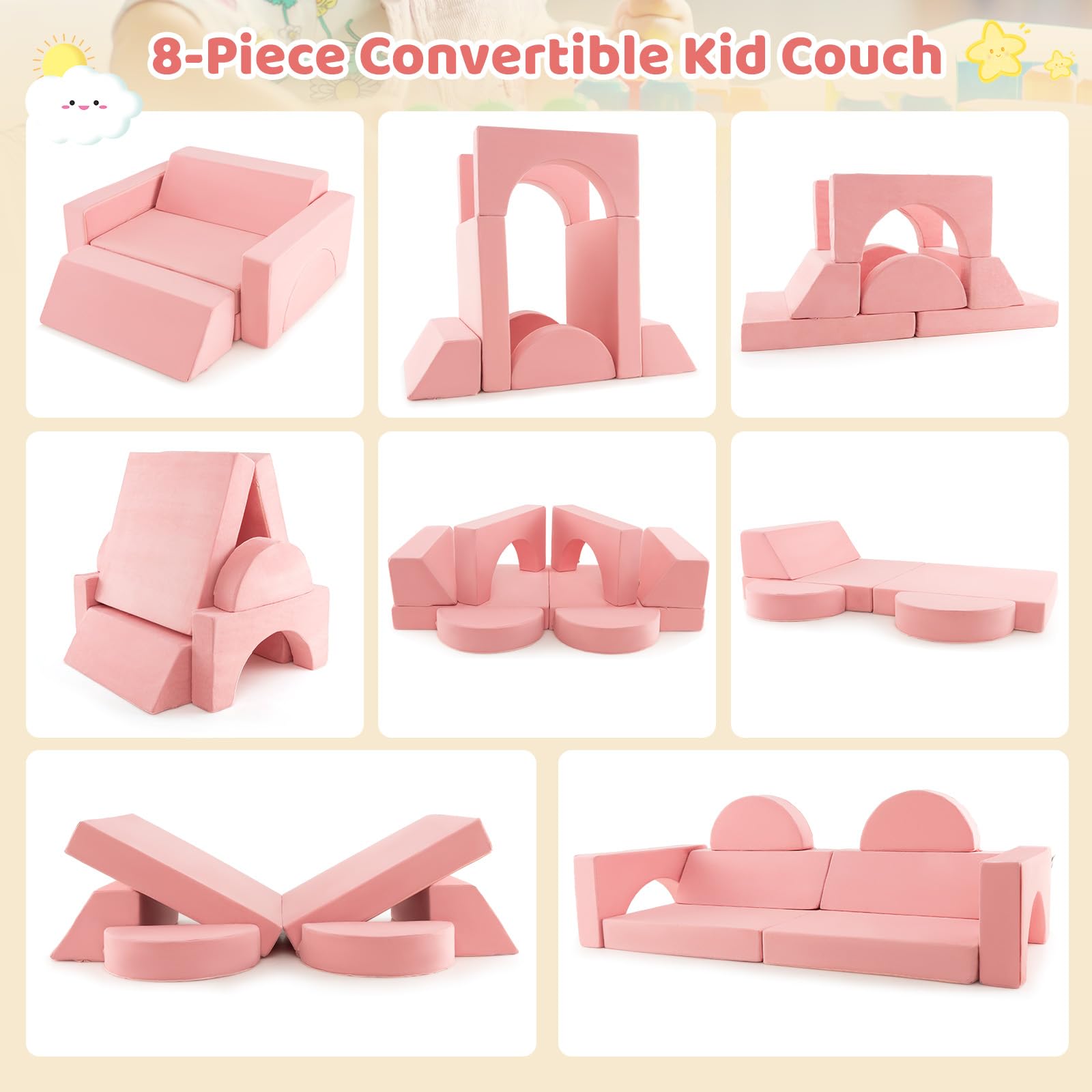 INFANS Mondular Kids Play Couch, 8PCS Toddler Sectional Sofa Building Fort for Bedroom, Imaginative Convertible Floor Cushion