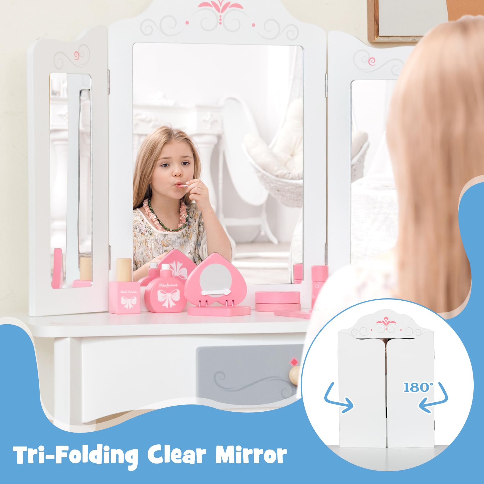 INFANS Kids Vanity, 2 in 1 Princess Makeup Desk Set, Wooden Dressing Table, Pretend Play Vanity Set
