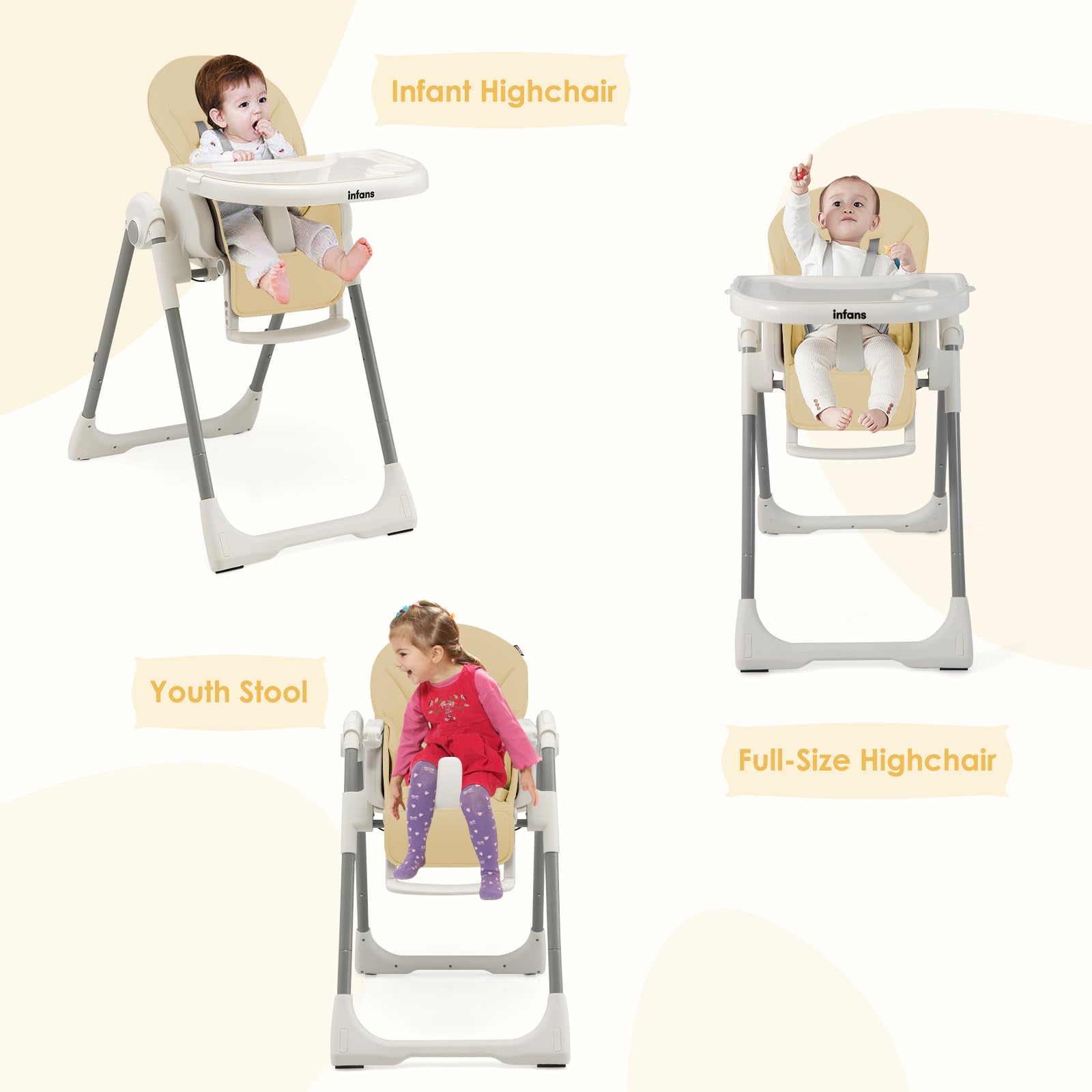 INFANS High Chair for Babies and Toddlers, Foldable Highchair with 7 Different Heights 4 Reclining Backrest Seat