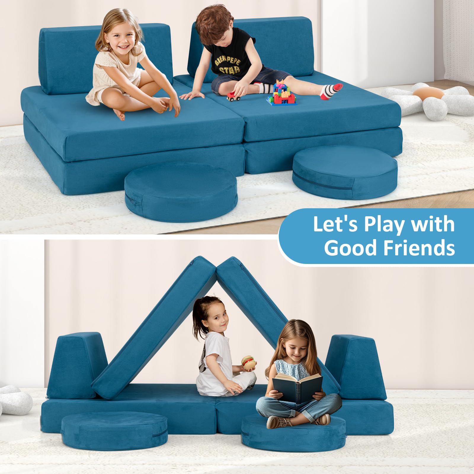 INFANS Modular Kids Play Couch, 6 PCS Toddler Creative Sectional Fort Building Sofa for Playroom, Bedroom